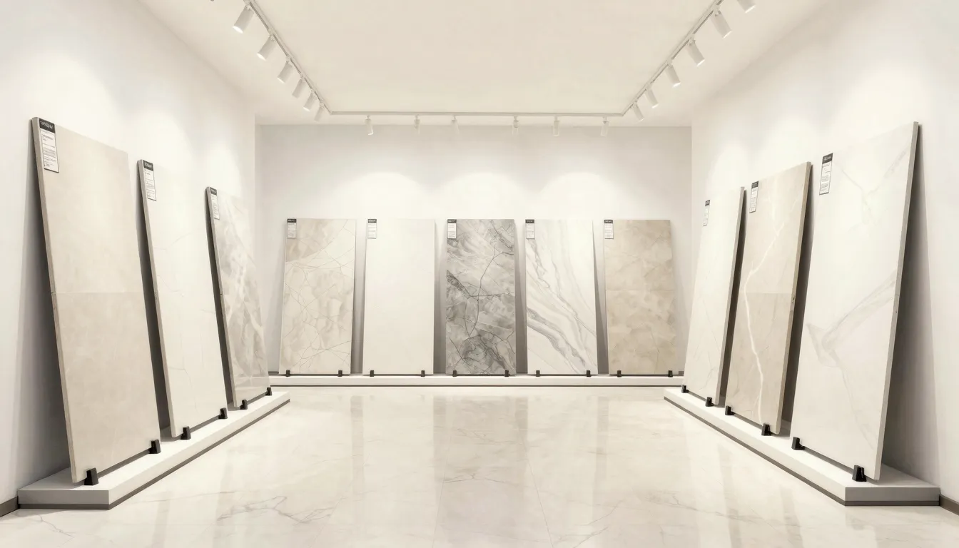 Watercolor style. Modern bright tile showroom interior, eleg...