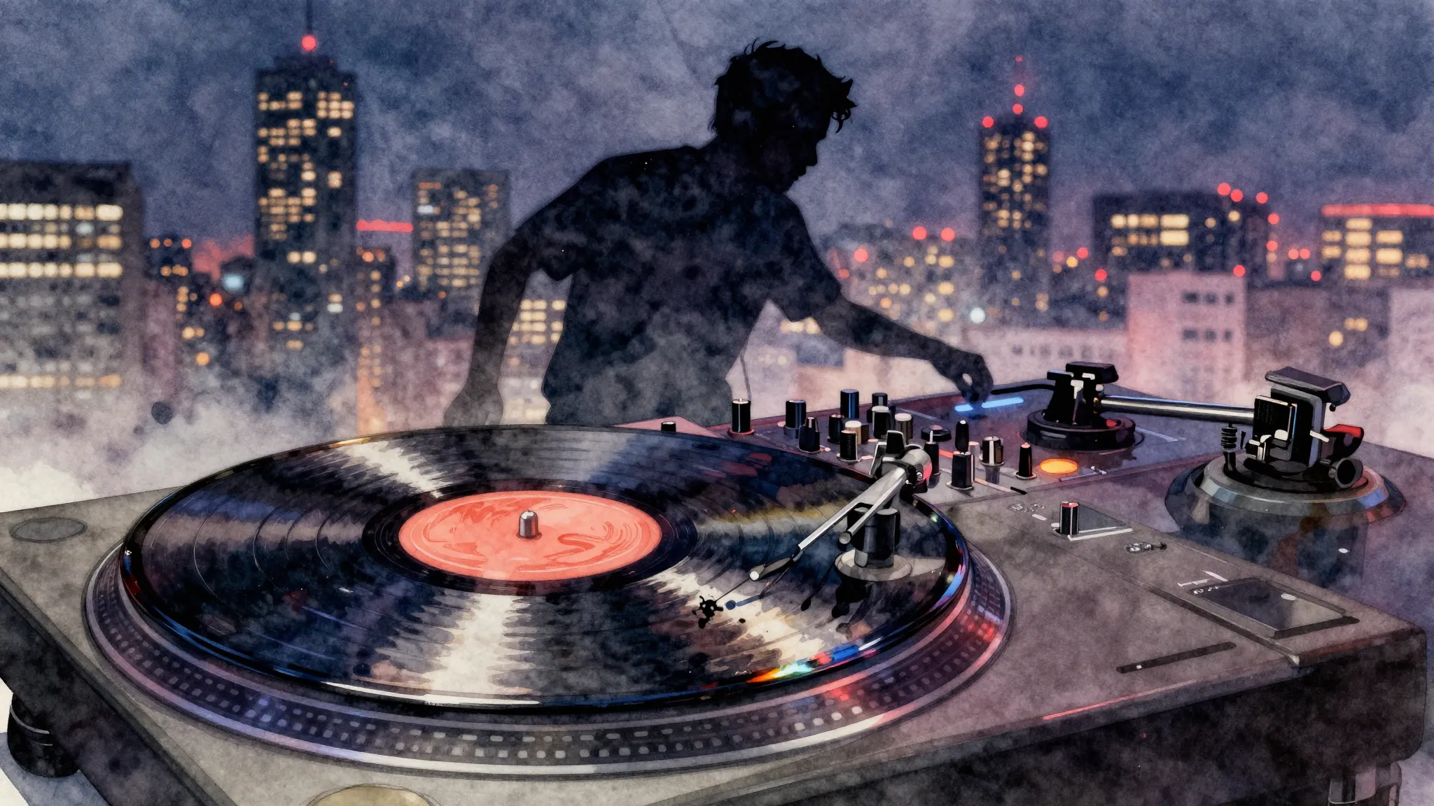 Watercolor style. A silhouette of a DJ at a turntable, vinyl...