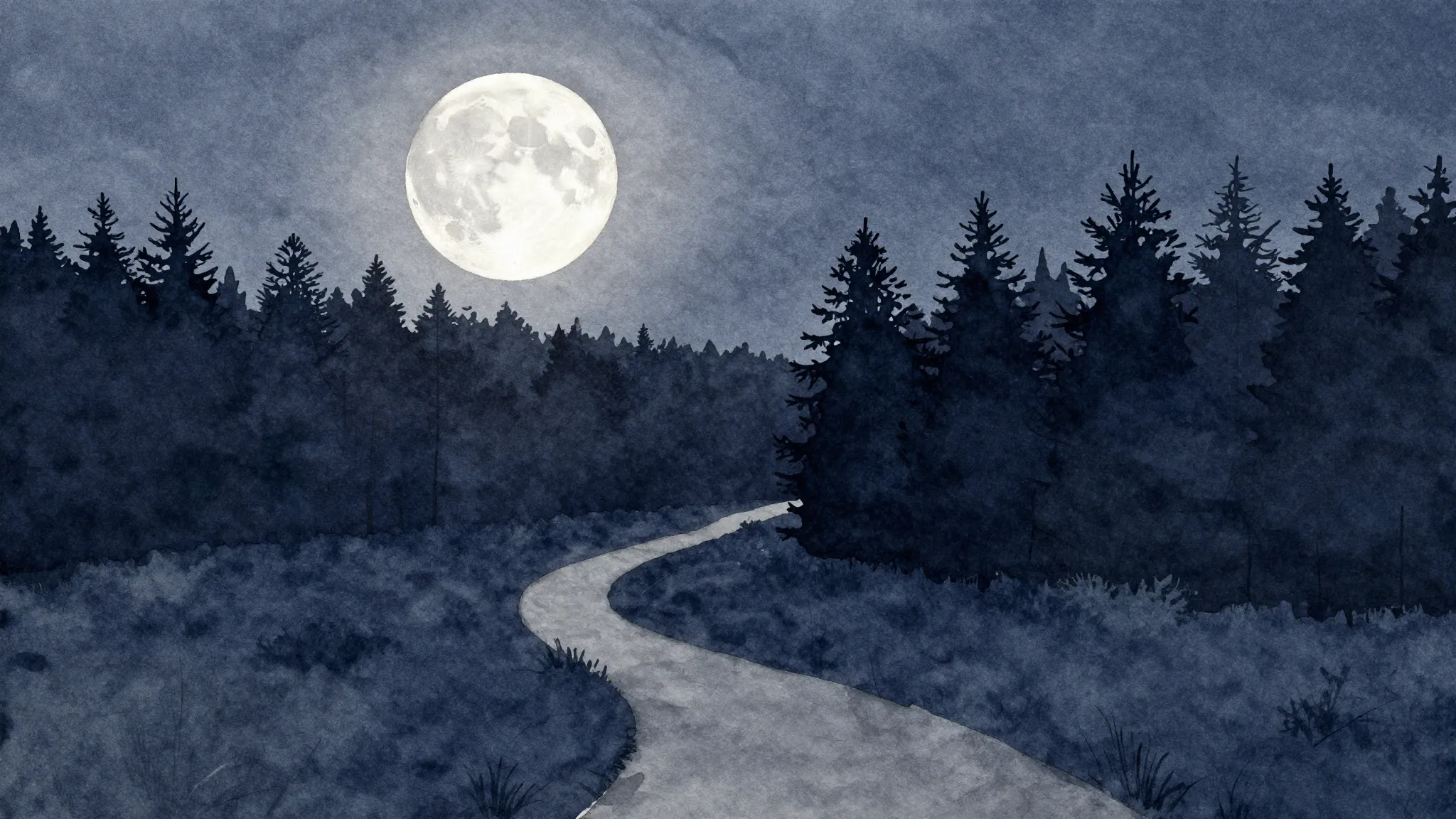 Watercolor style. Silhouette of a vast forest and a winding ...