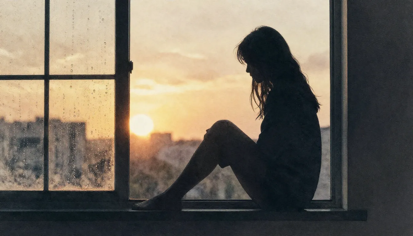 Watercolor style. Silhouette of a woman sitting by a window ...