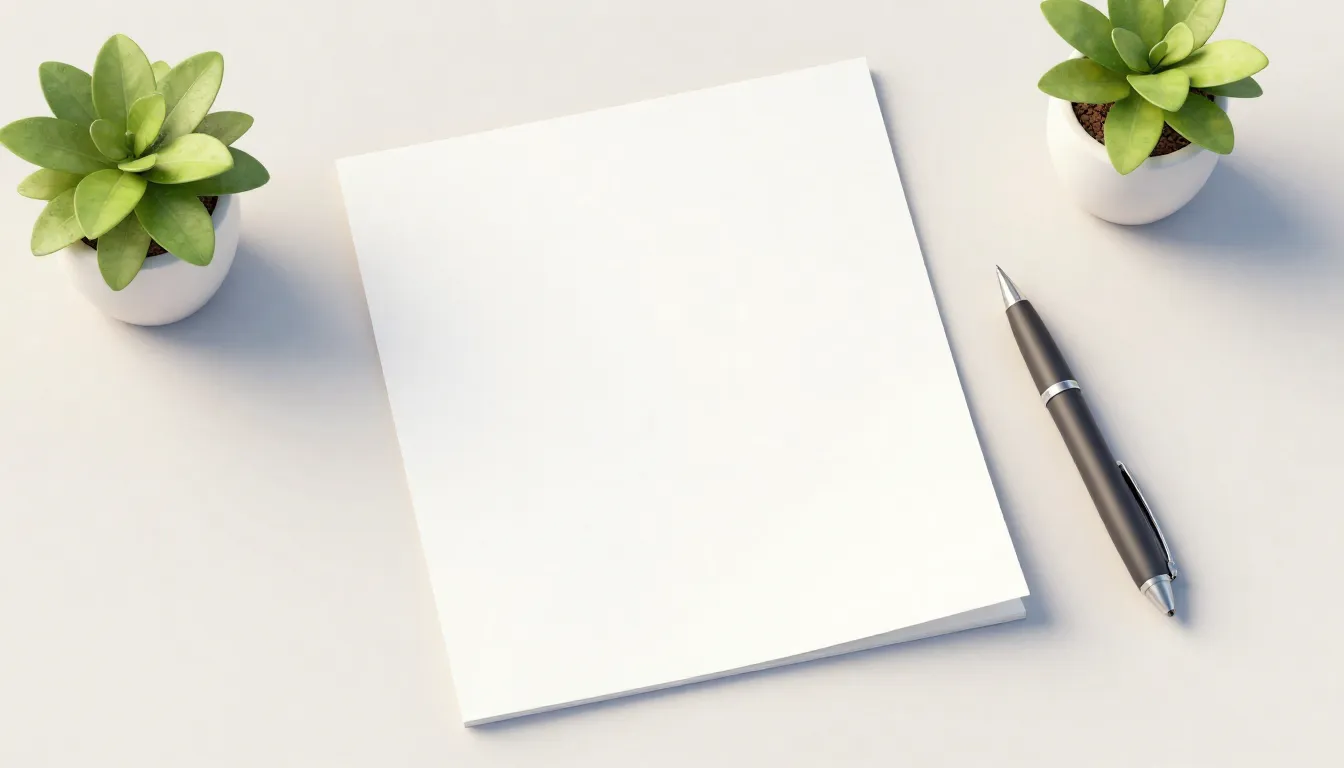 Watercolor style. Minimalist desk with a blank paper, a pen,...