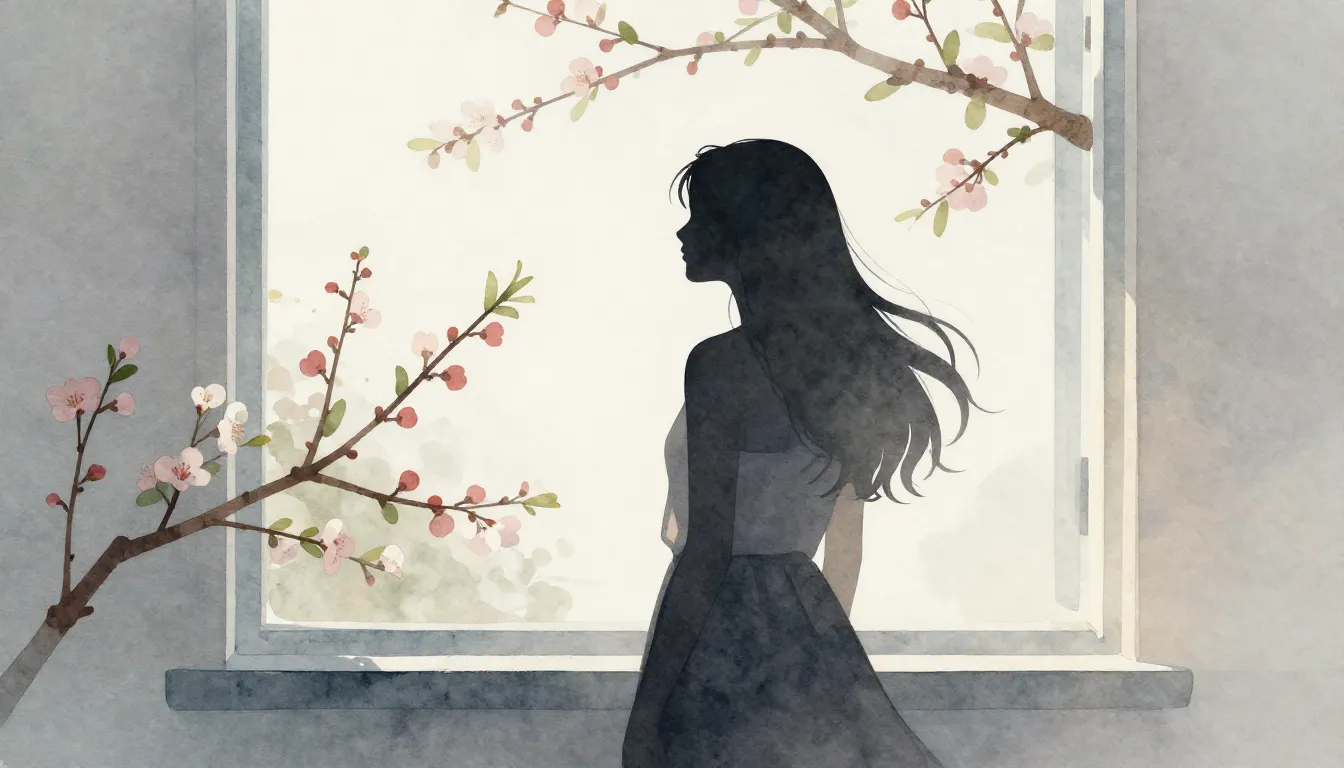 Watercolor style. Silhouette of a woman standing near a wind...