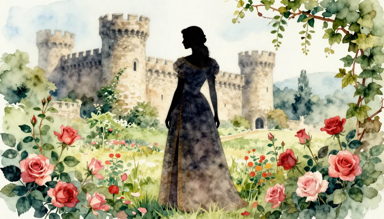 Watercolor style. Silhouette of a woman in a medieval gown s...