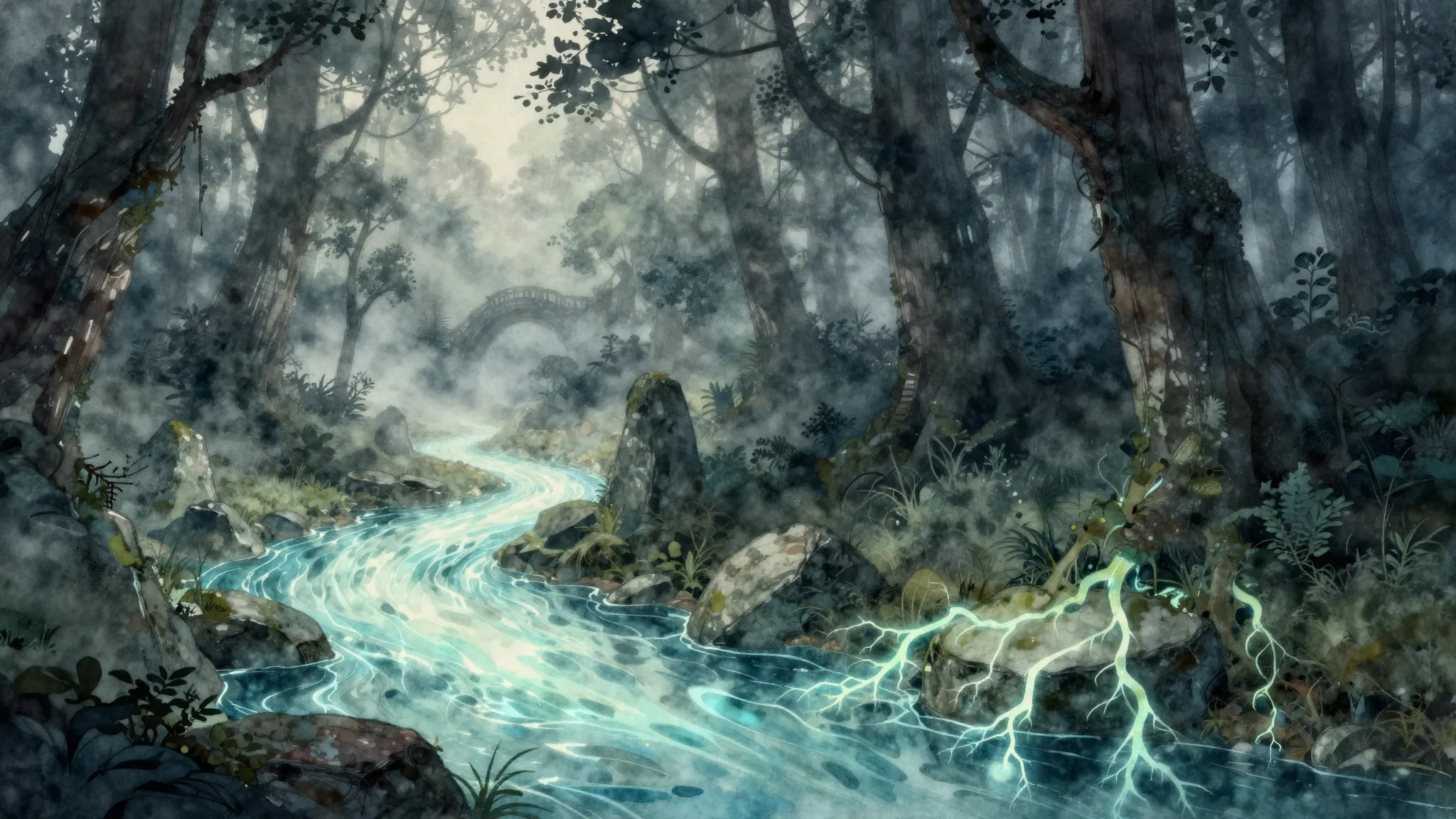 Watercolor style. Silhouette of a magical forest with a glow...