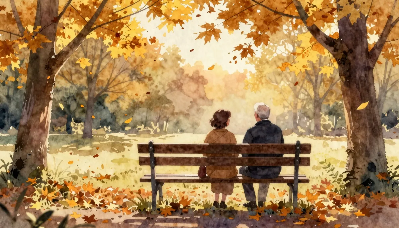 Watercolor style. A cozy autumn park with golden leaves fall...
