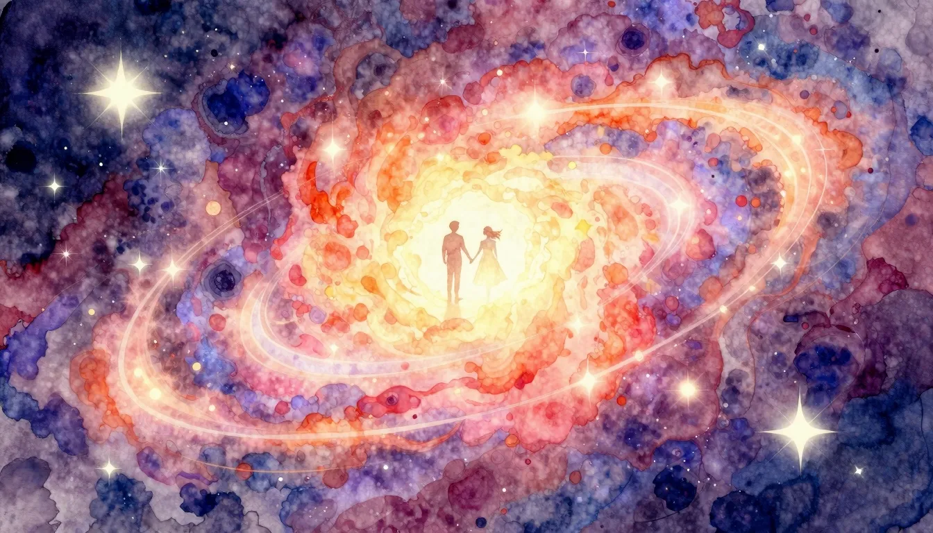 Vibrant watercolor style. Romantic, cosmic, abstract art. Tw...
