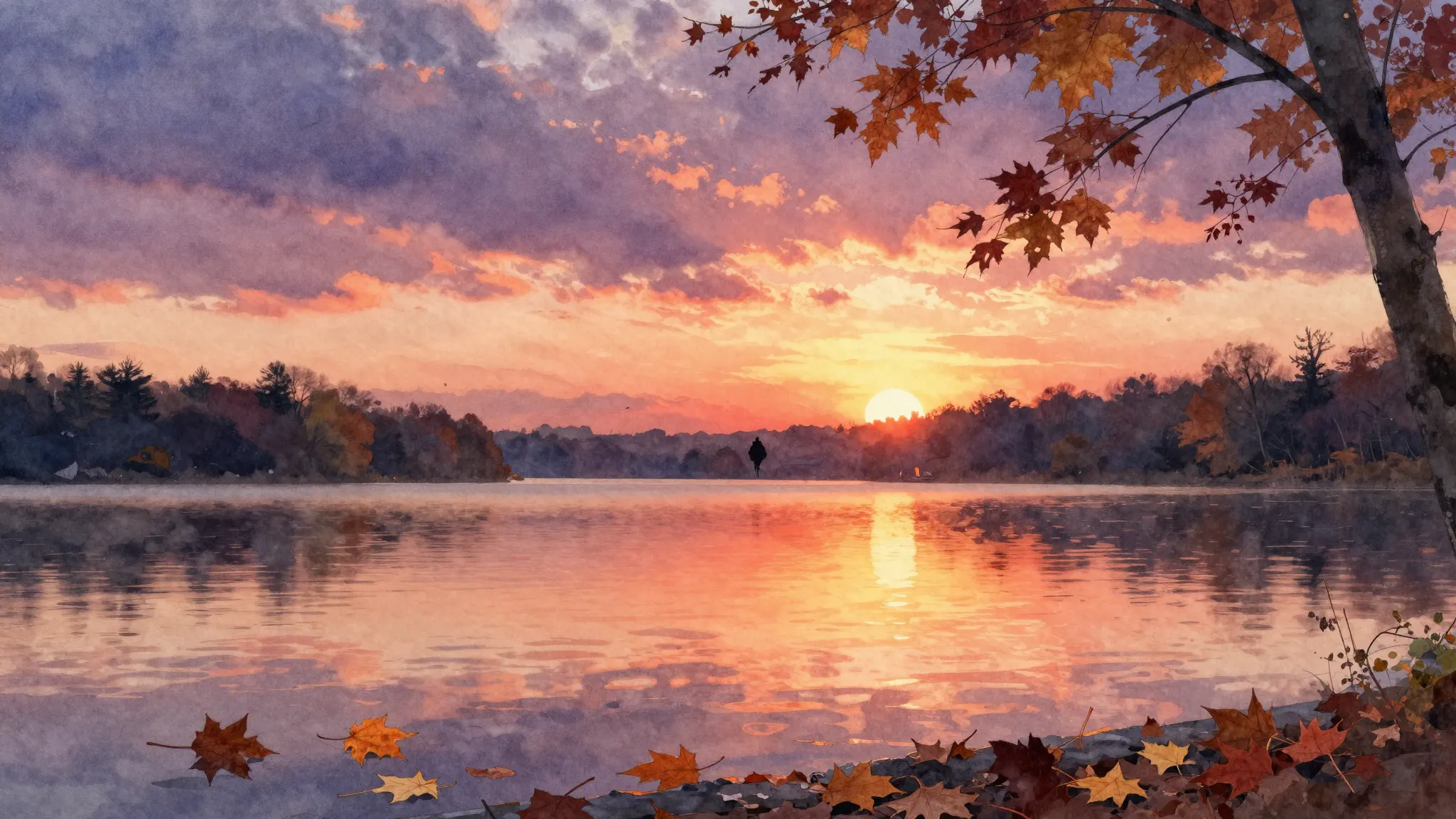 Vibrant watercolor style. Autumn sunset over a lake, fallen ...