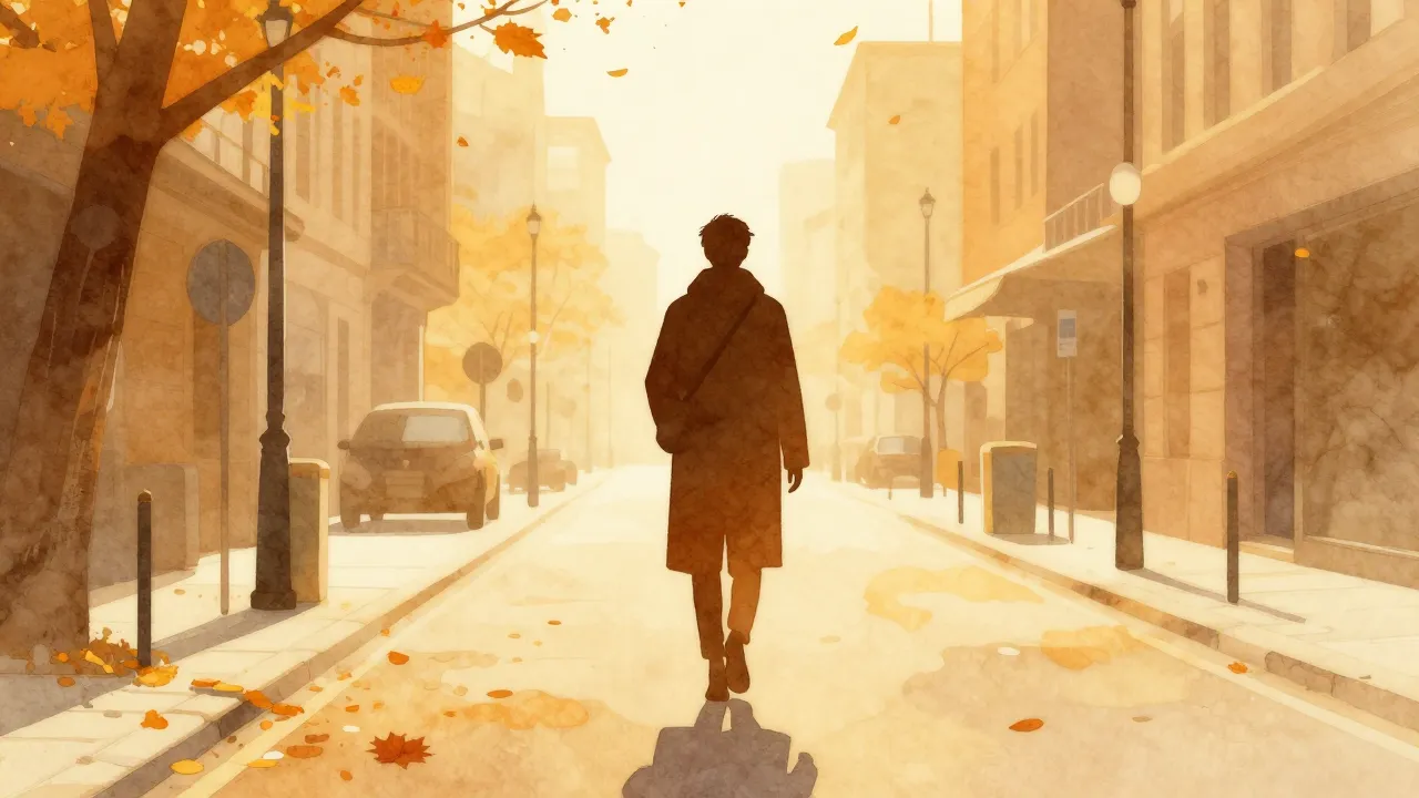 Watercolor style. A silhouette of a person in a long coat wa...