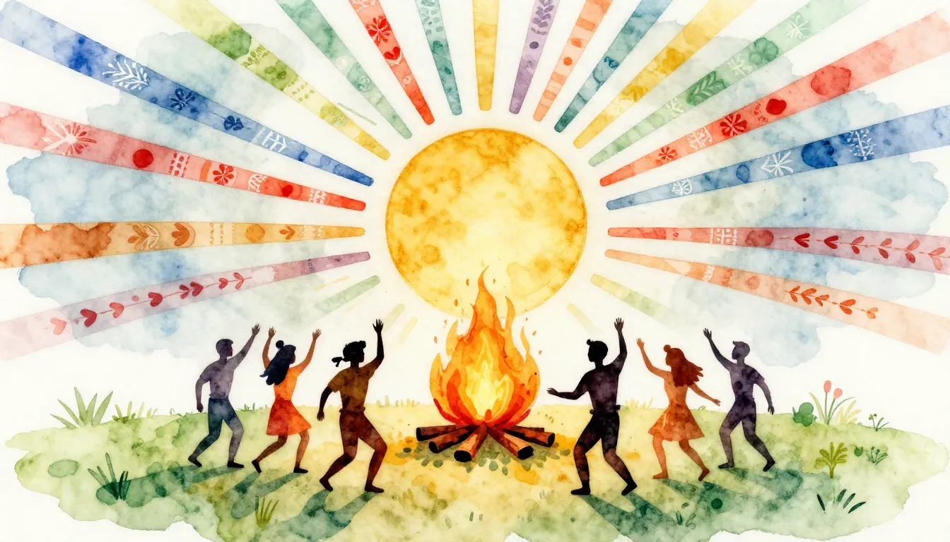 Watercolor style. A bright golden sun with colorful ribbons ...