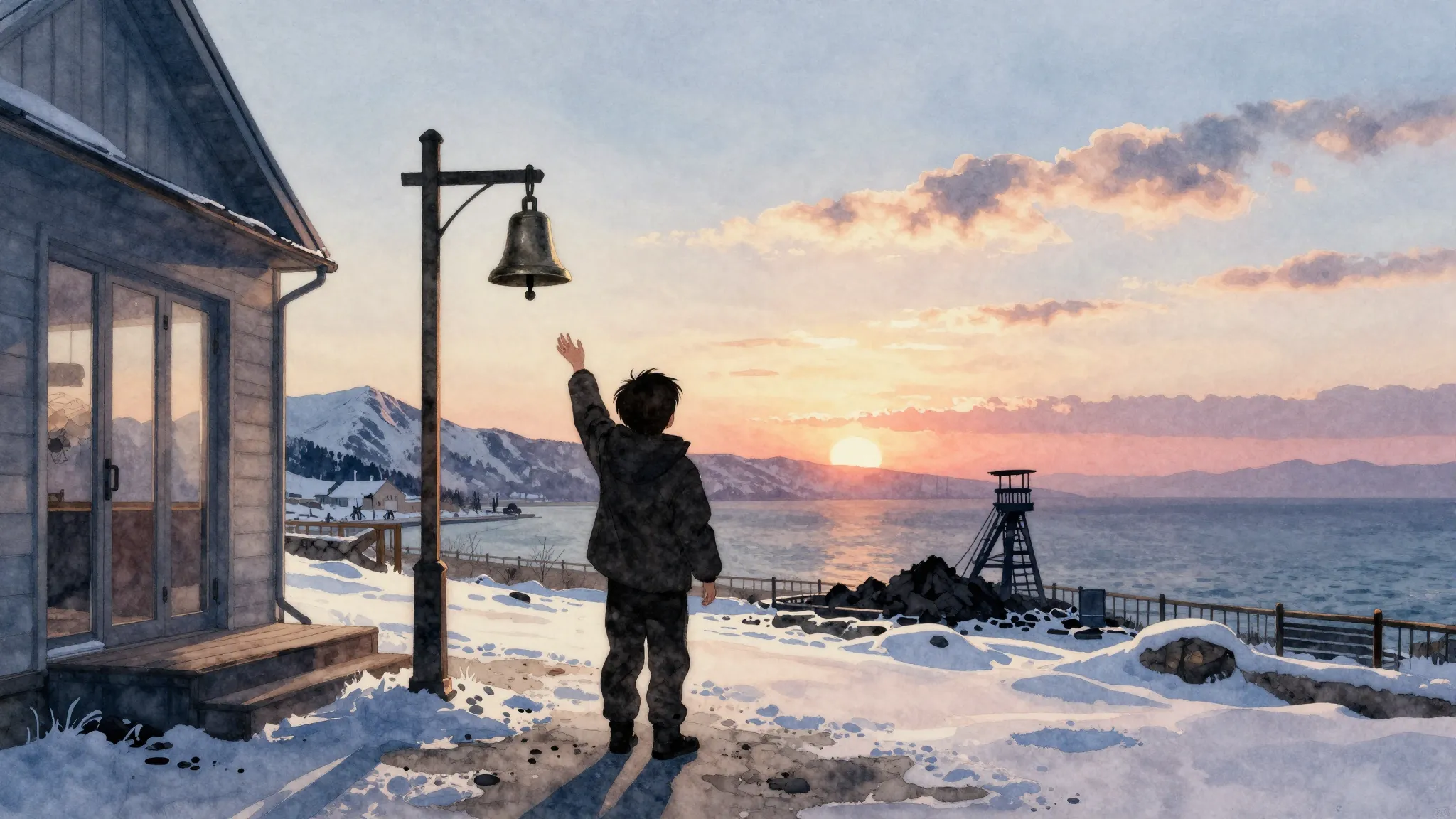 Watercolor style. Silhouette of a child holding a bell near ...