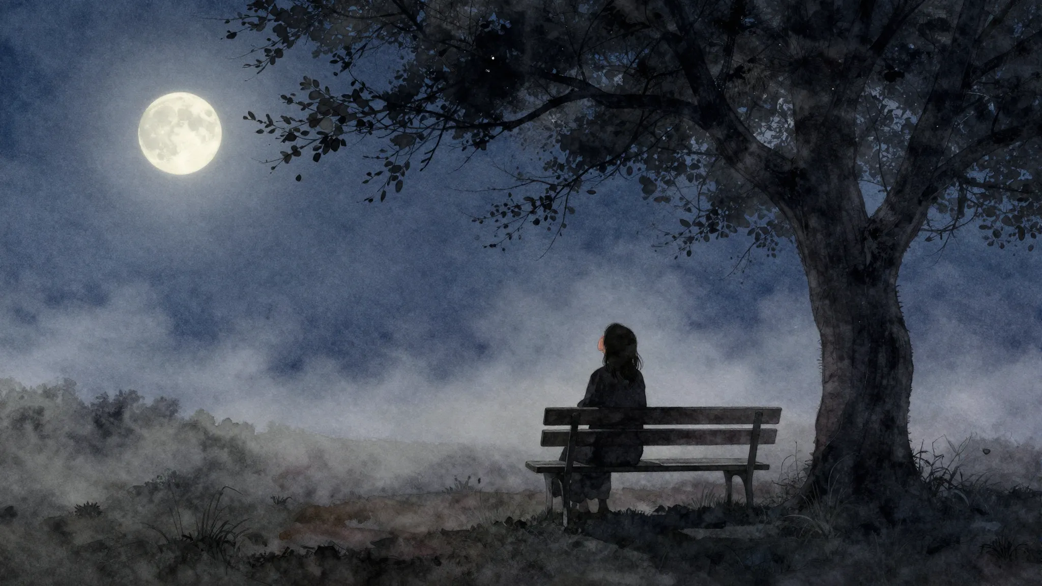 Watercolor style. A dark silhouette of a mother sitting on a...