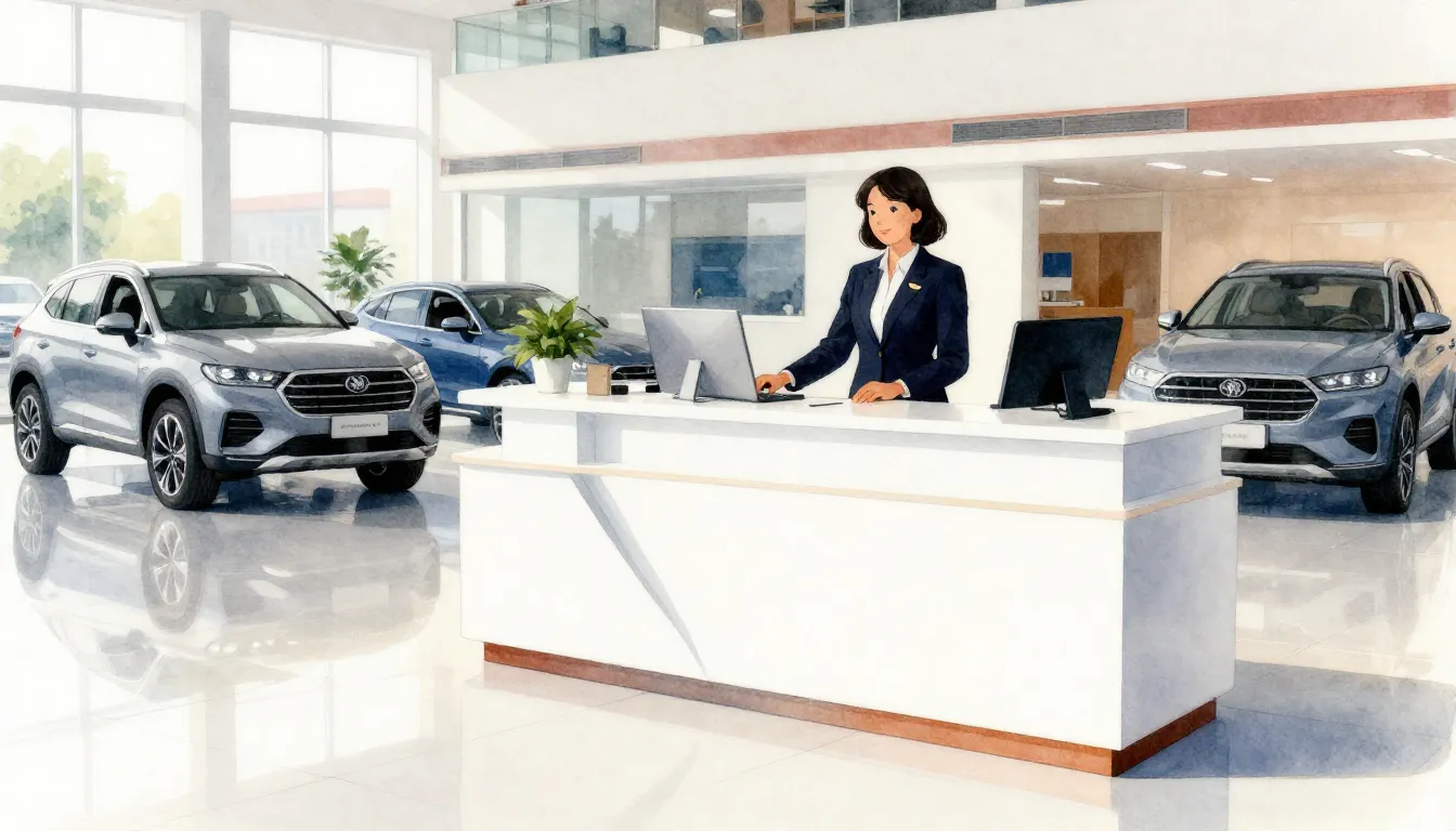 Watercolor style. Stylish reception counter in a bright car ...
