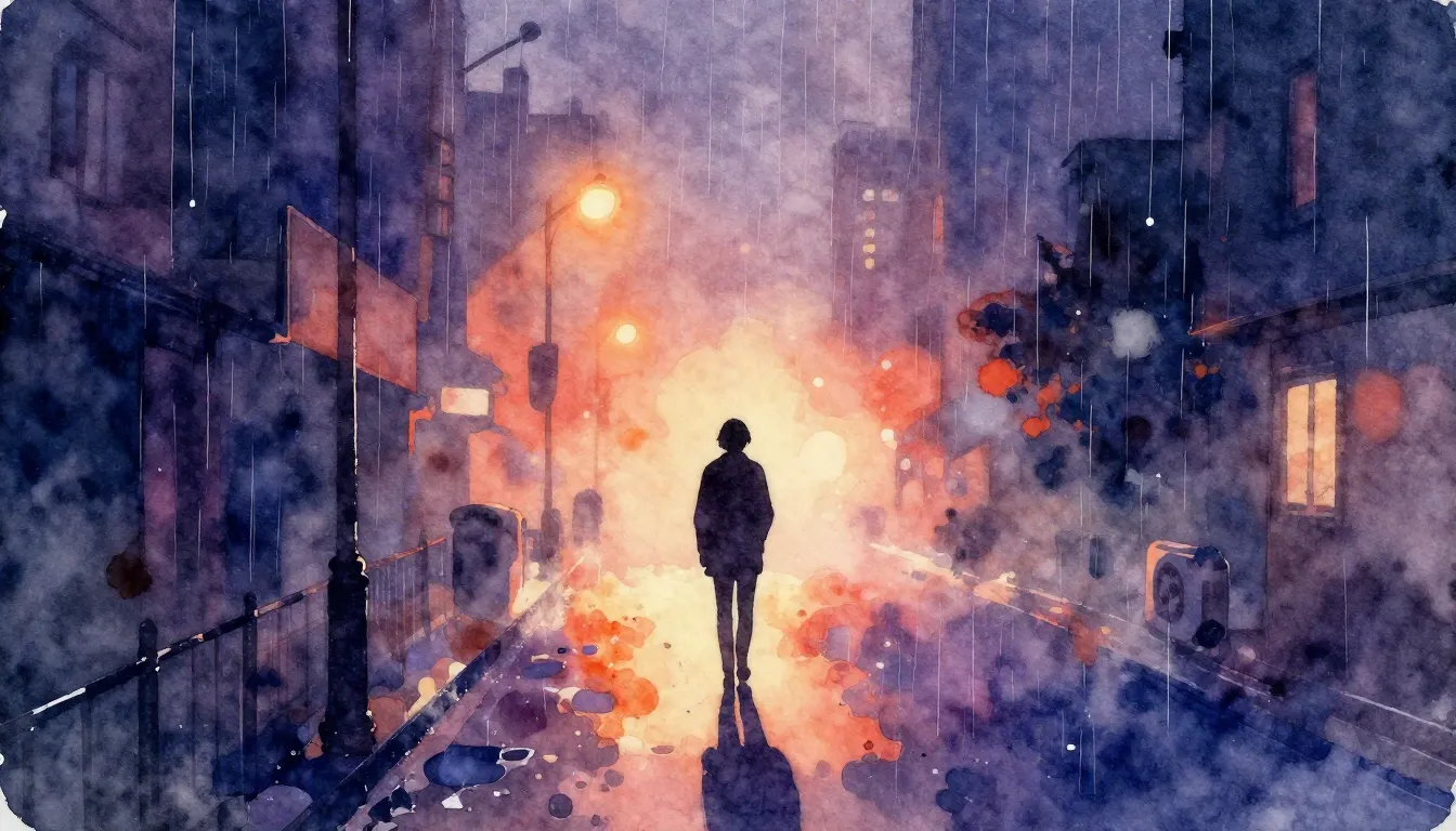 Vibrant watercolor style. Indie album cover: lonely figure's...