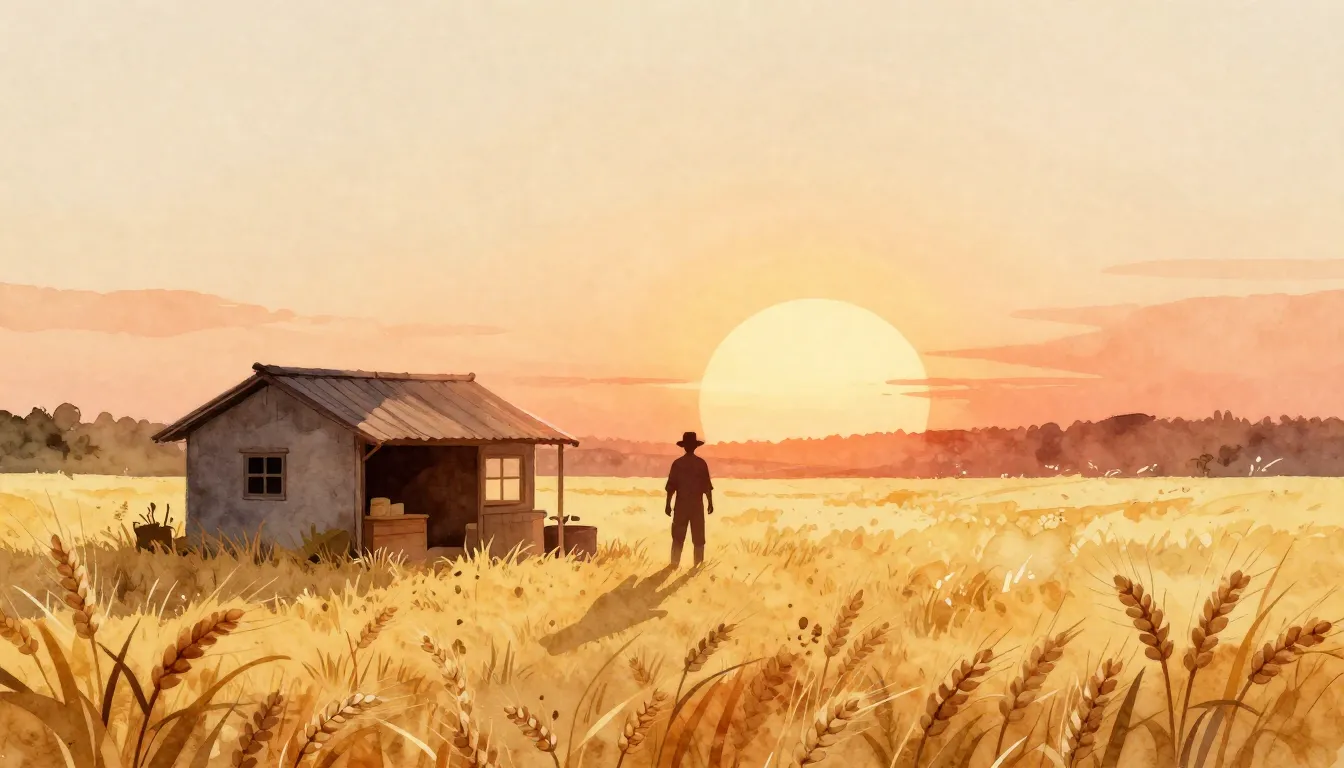 Watercolor style. A silhouette of a farmer standing in a gol...