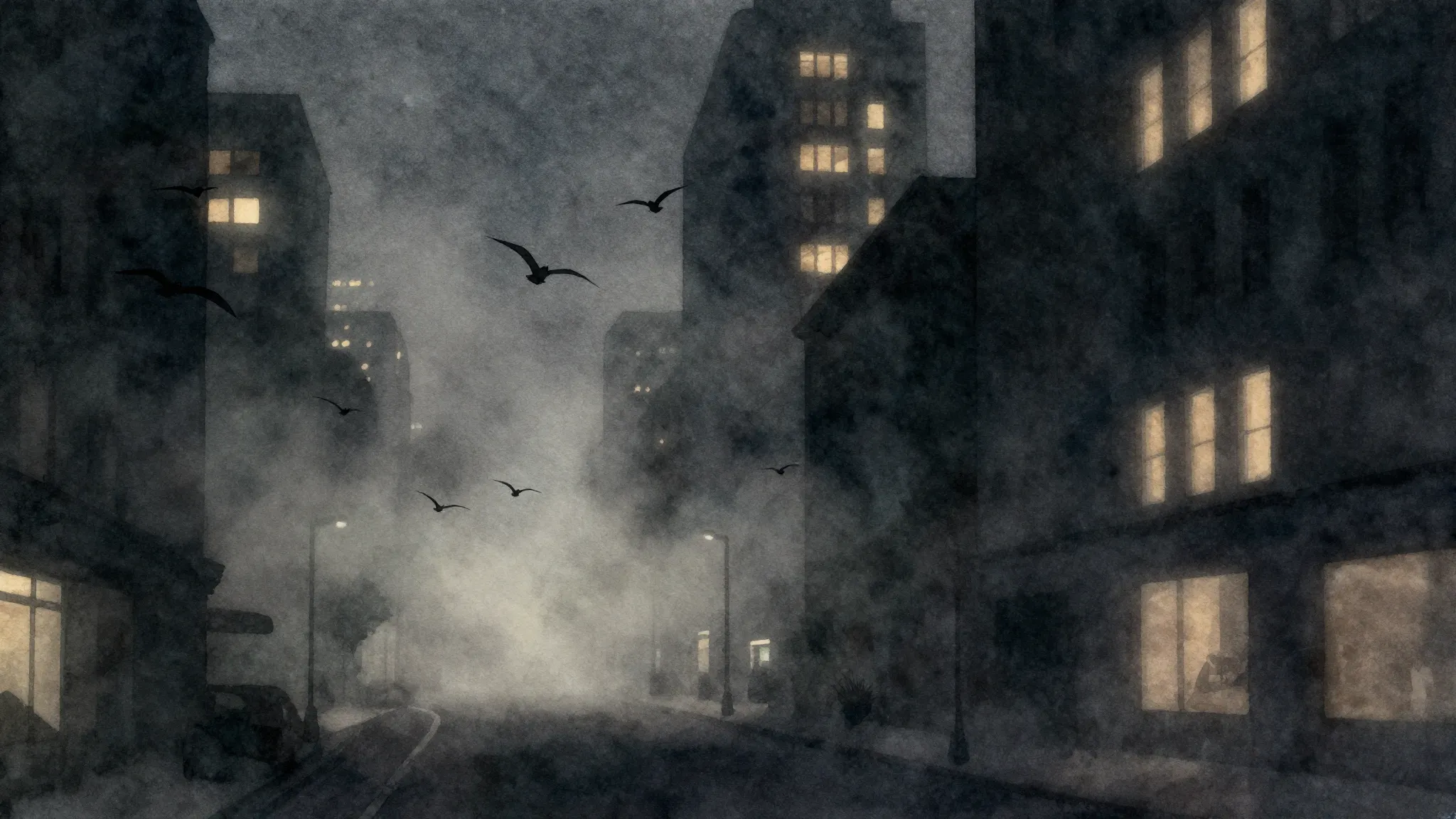 Watercolor style. Dark city street at night, glowing windows...