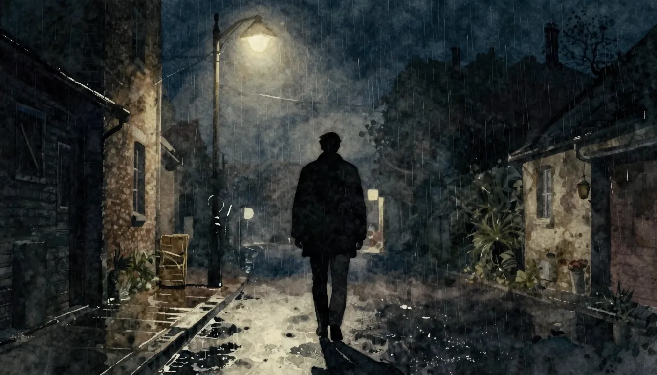 Watercolor style. A lonely silhouette of a man walking down ...
