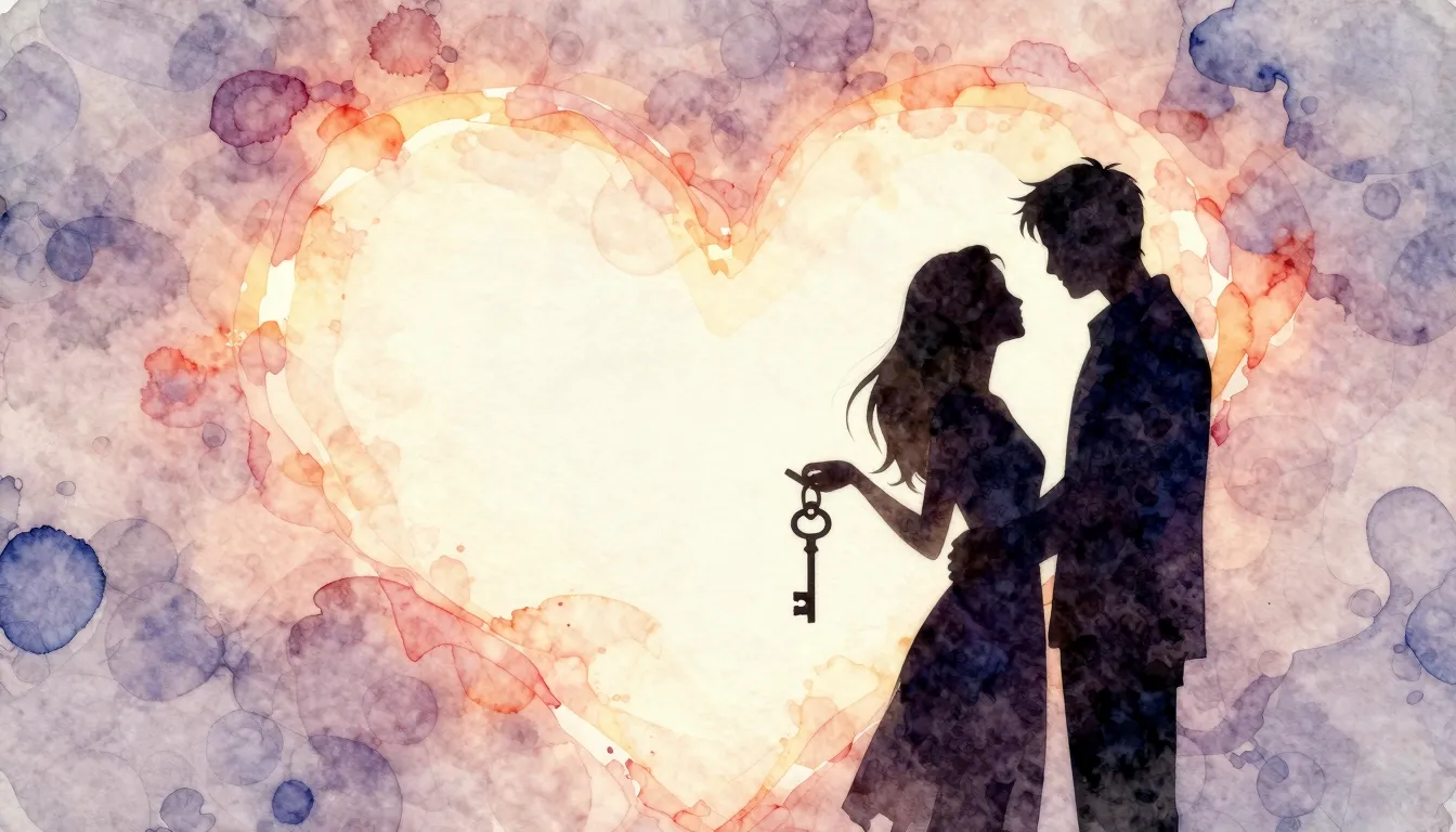 Watercolor style. A silhouette of a couple standing close, o...