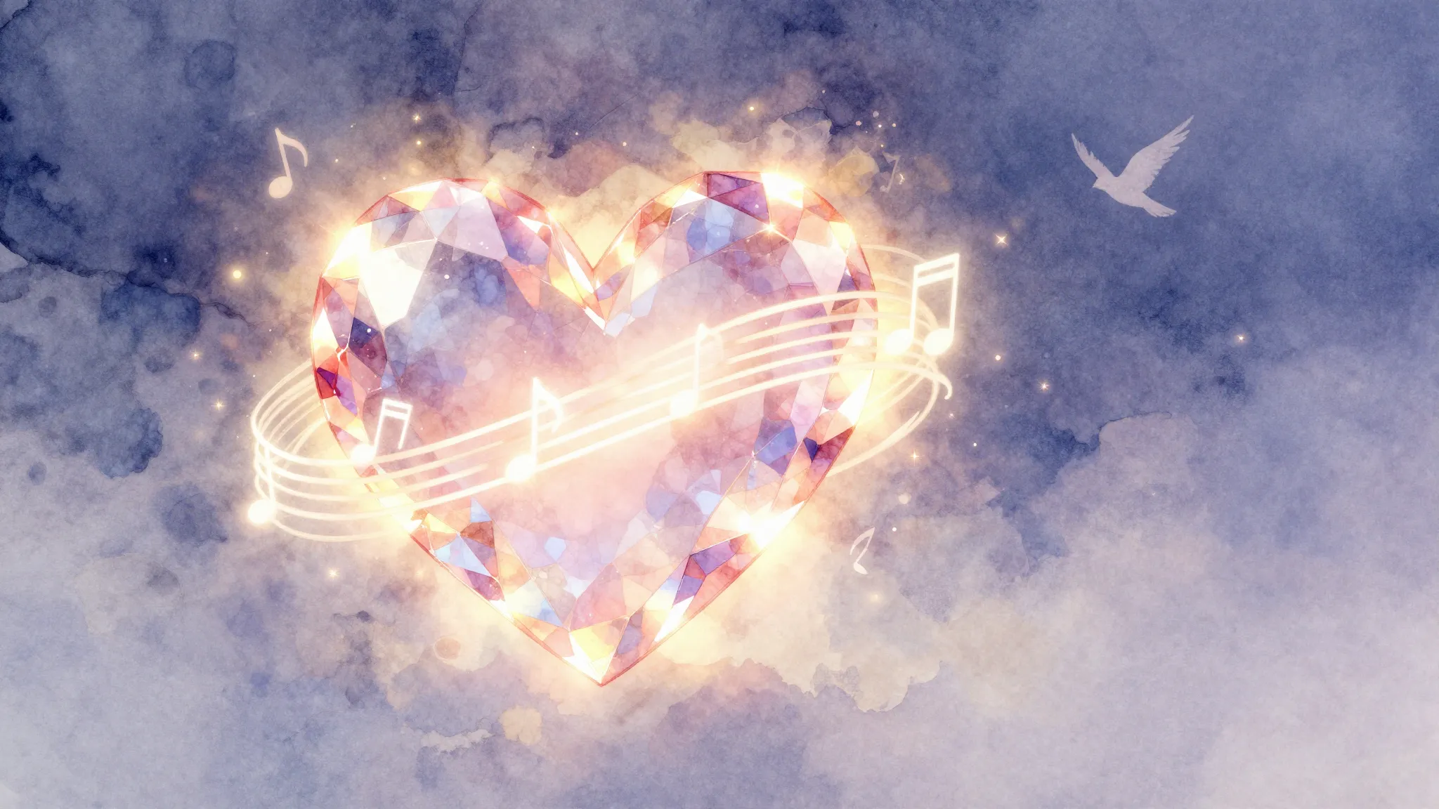 Watercolor style. A glowing crystal heart emitting soft musi...