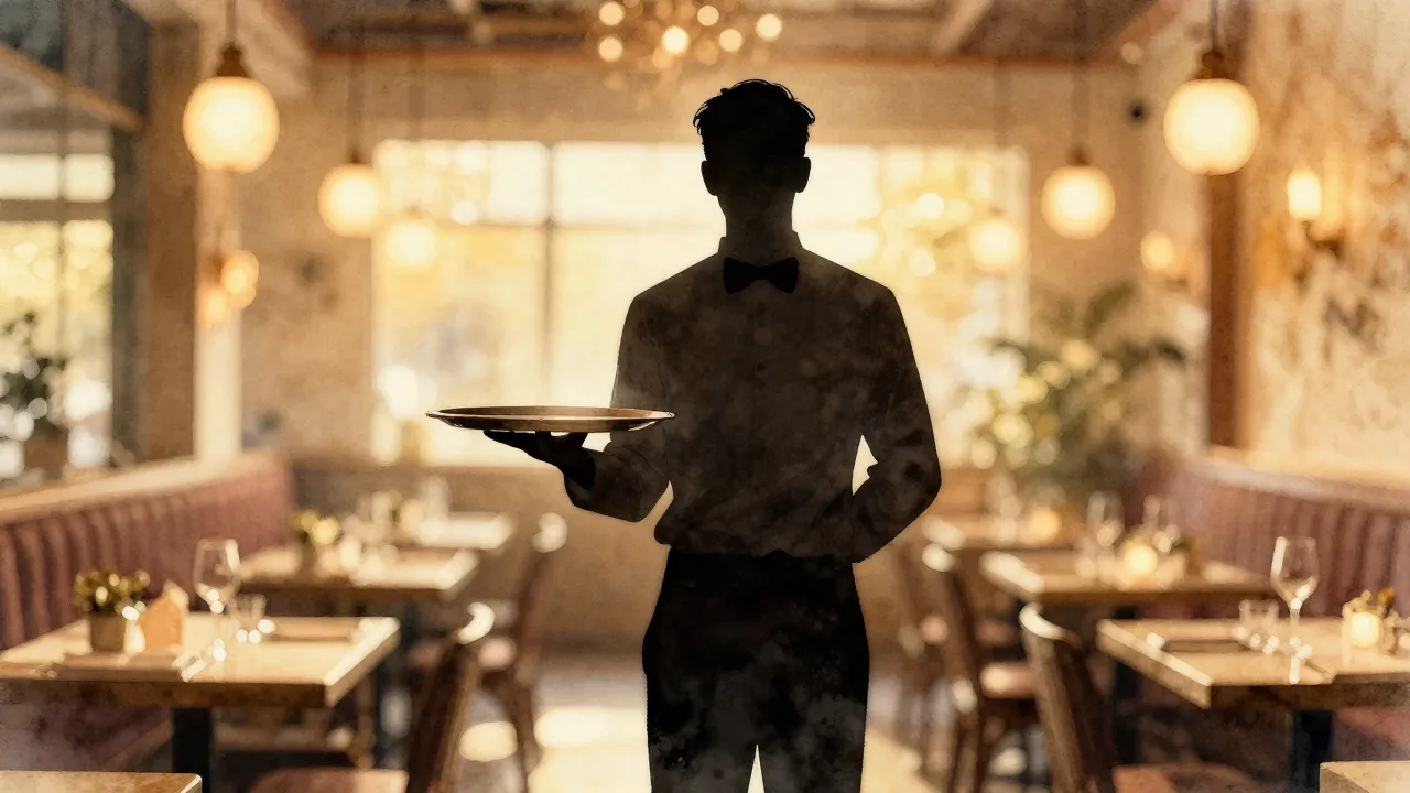 Watercolor style. A warm, glowing restaurant interior with s...