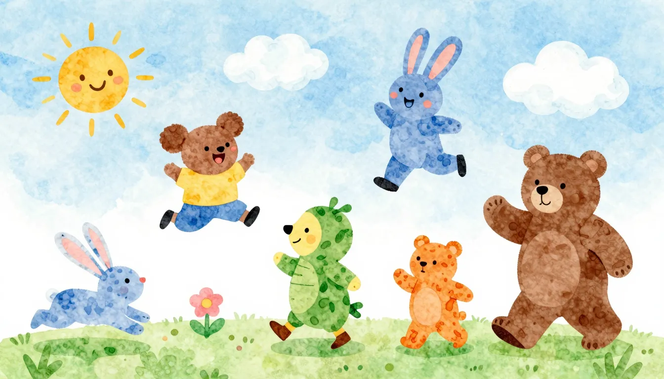 Vibrant watercolor style. Bright, cheerful, cartoon-style co...