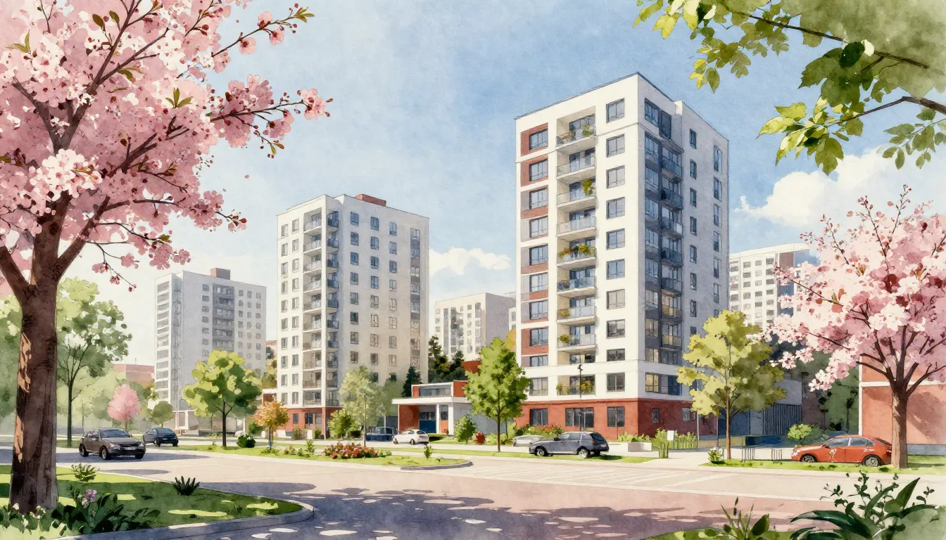 Watercolor style. Modern residential complex in Moscow durin...