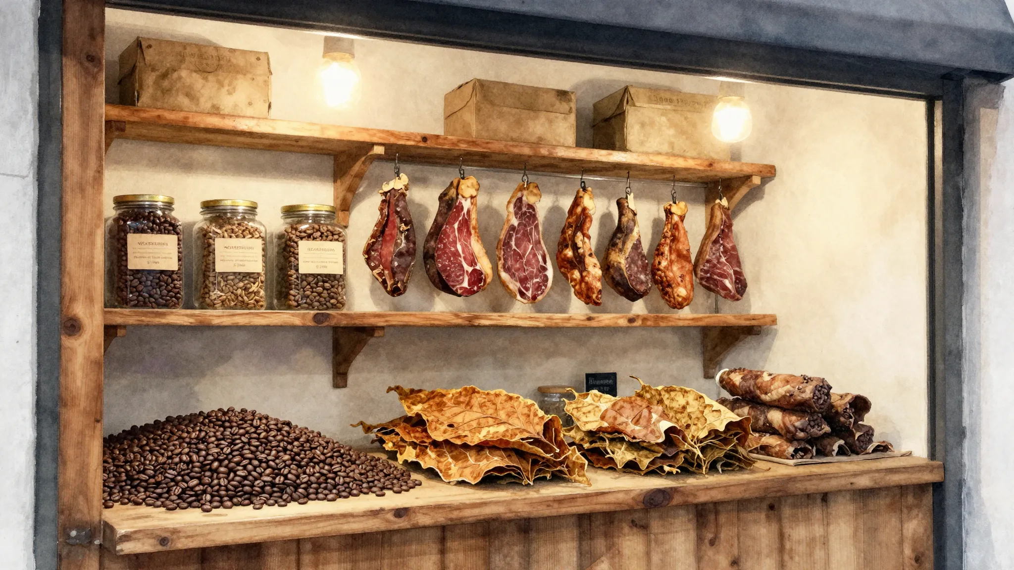 Watercolor style. A cozy small shop interior with coffee bea...