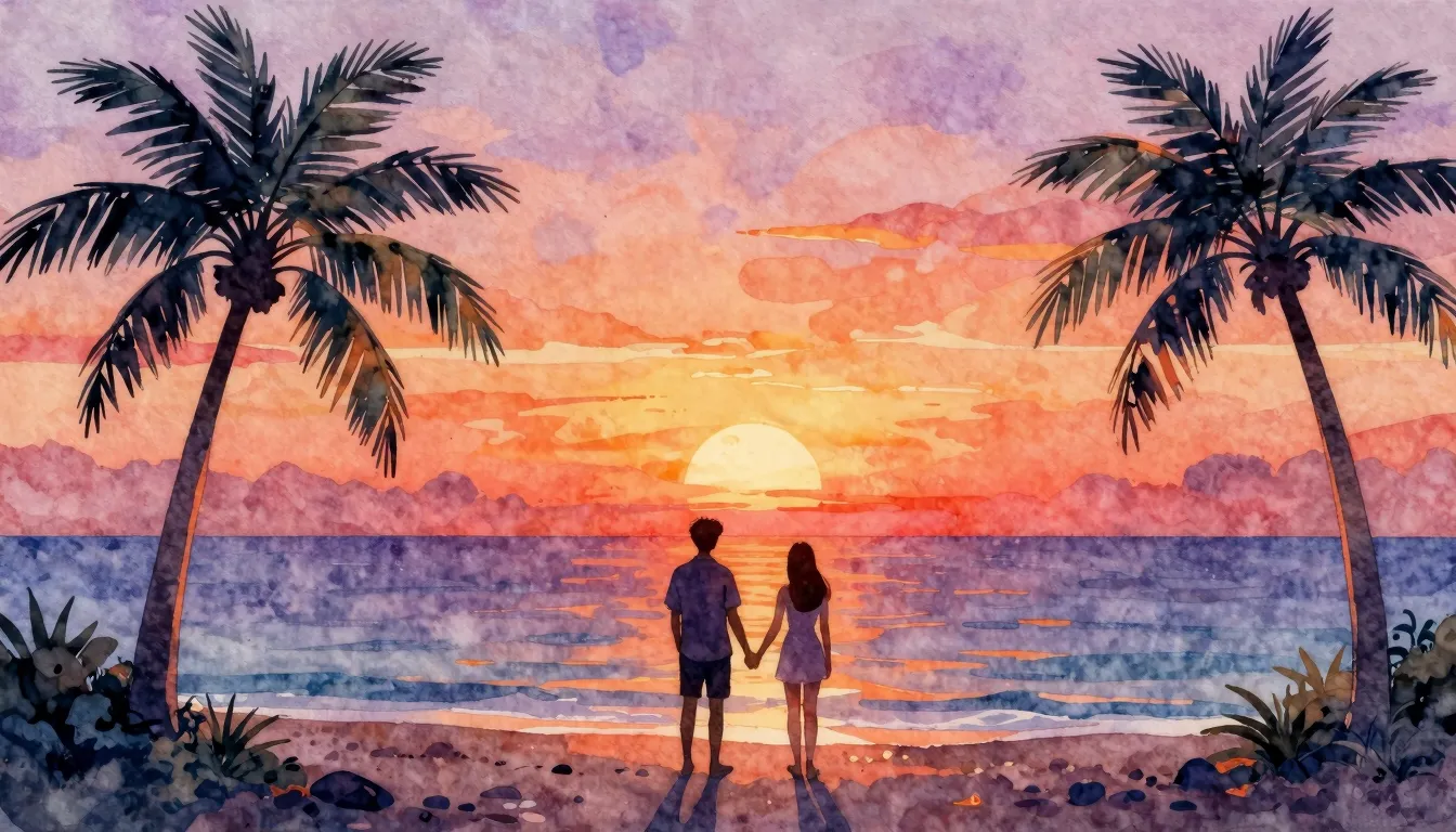 Watercolor style. A vibrant sunset over a calm sea, silhouet...