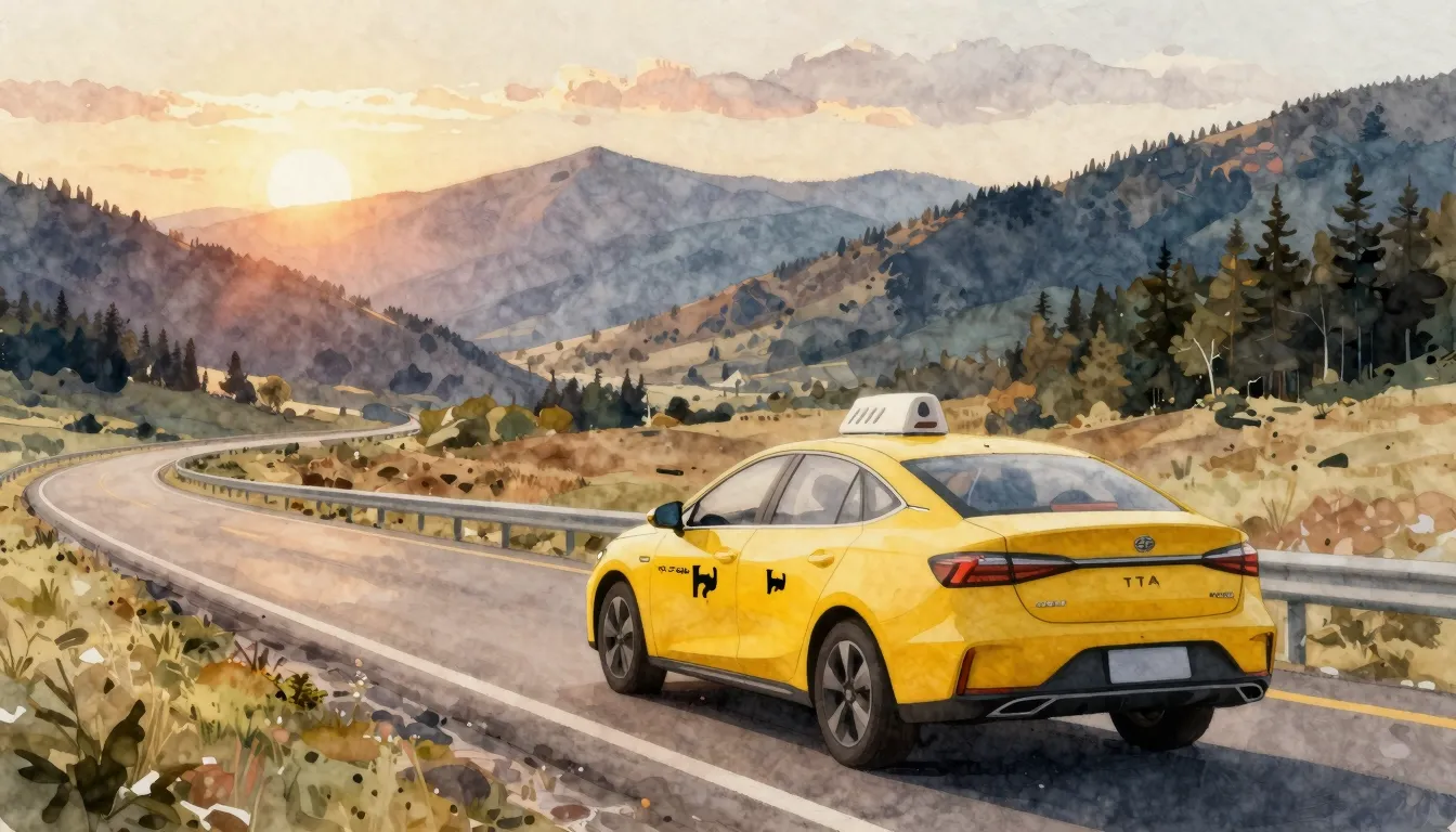 Watercolor style. A modern yellow taxi car driving on a scen...