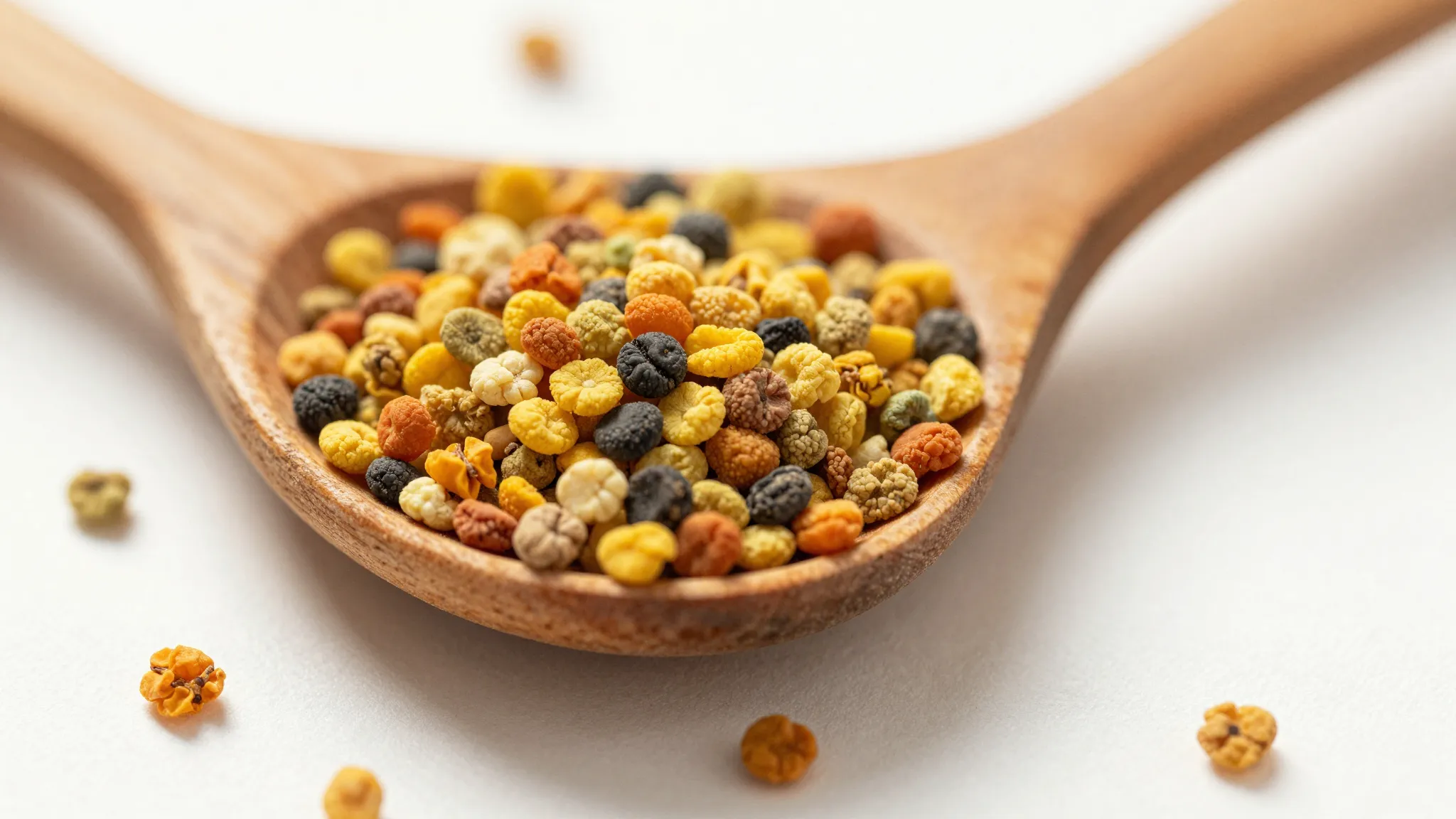 Watercolor style. Macro shot of colorful bee pollen granules...
