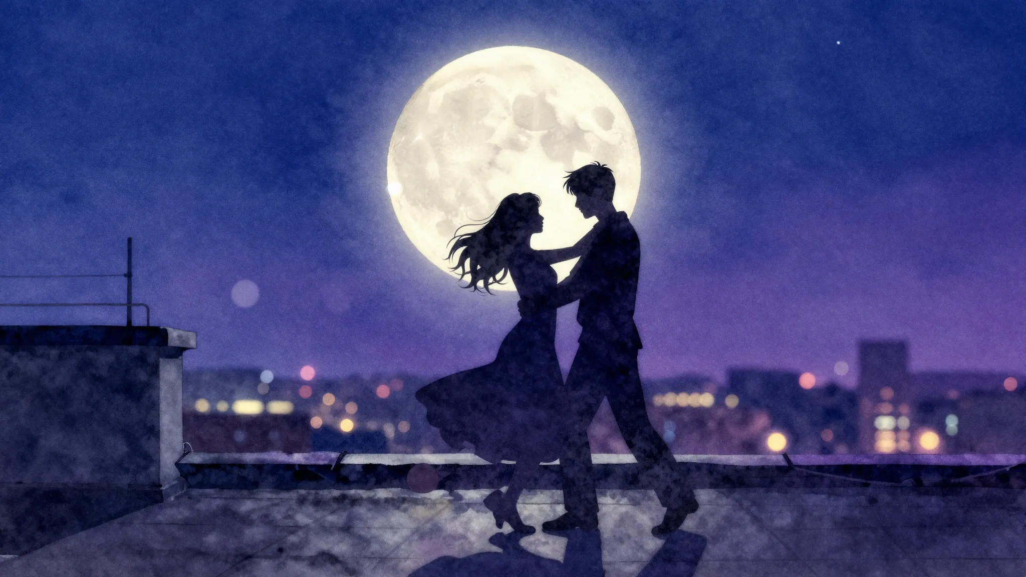 Watercolor style. Silhouette of two people dancing on a roof...