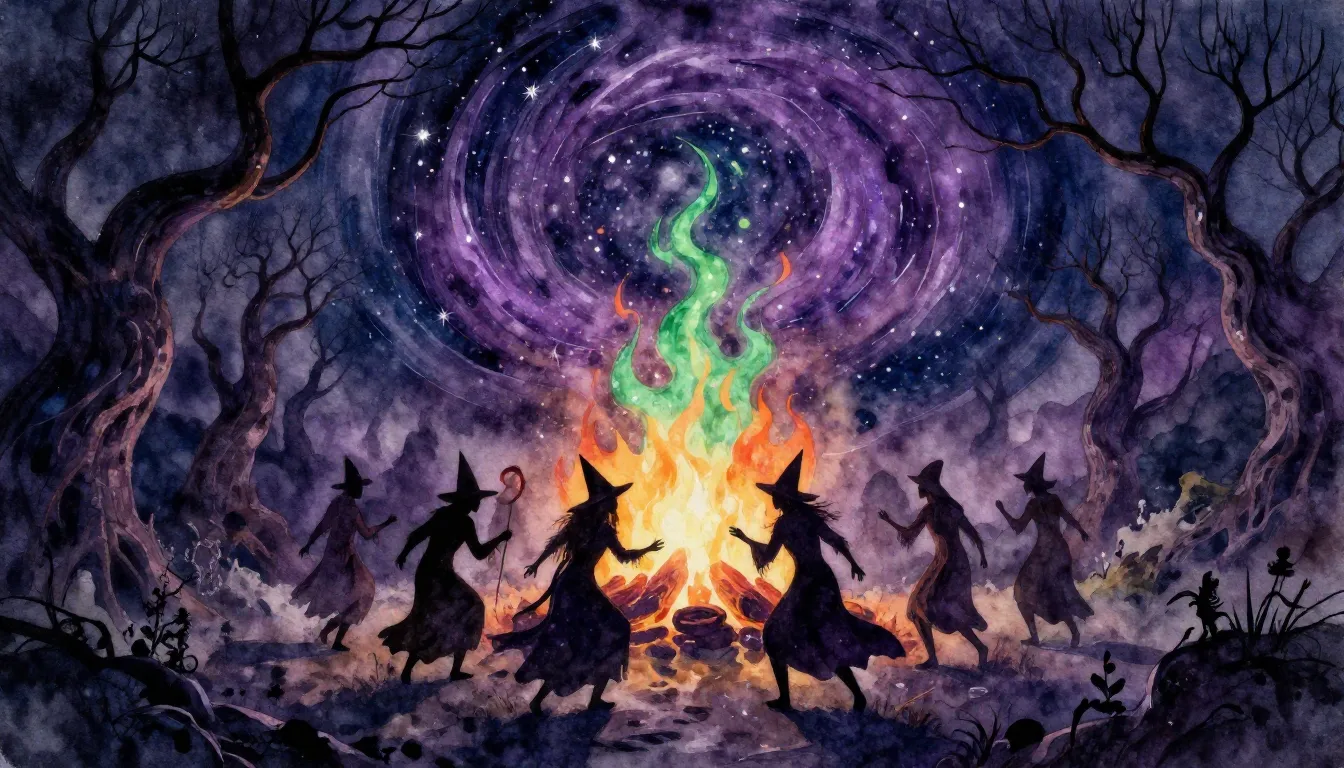 Watercolor style. Dark fantasy landscape, silhouettes of wit...