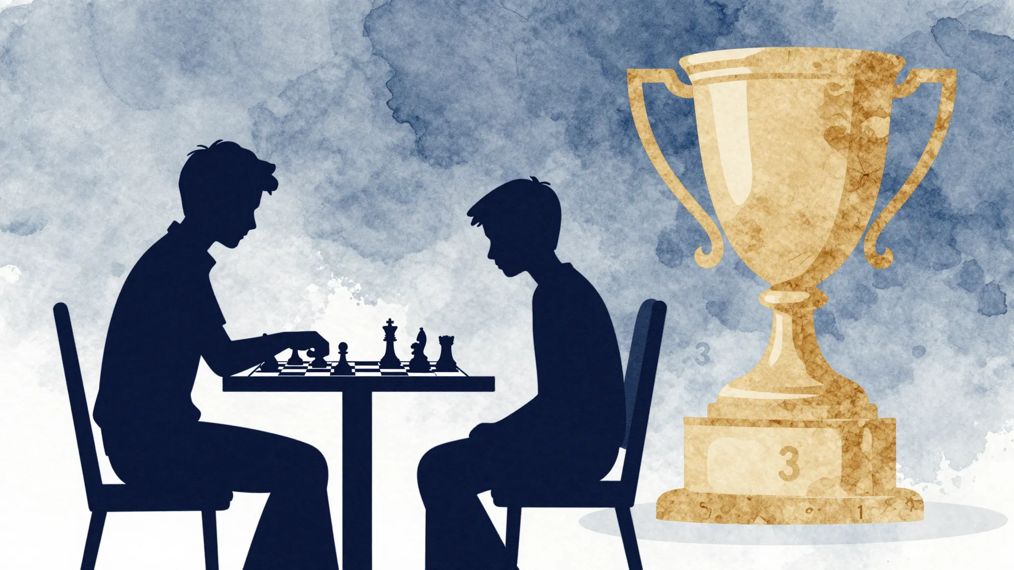 Watercolor style. Silhouette of a young chess player sitting...