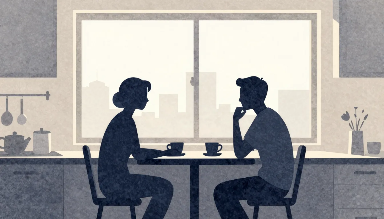 Watercolor style. Silhouette of two figures sitting at a kit...