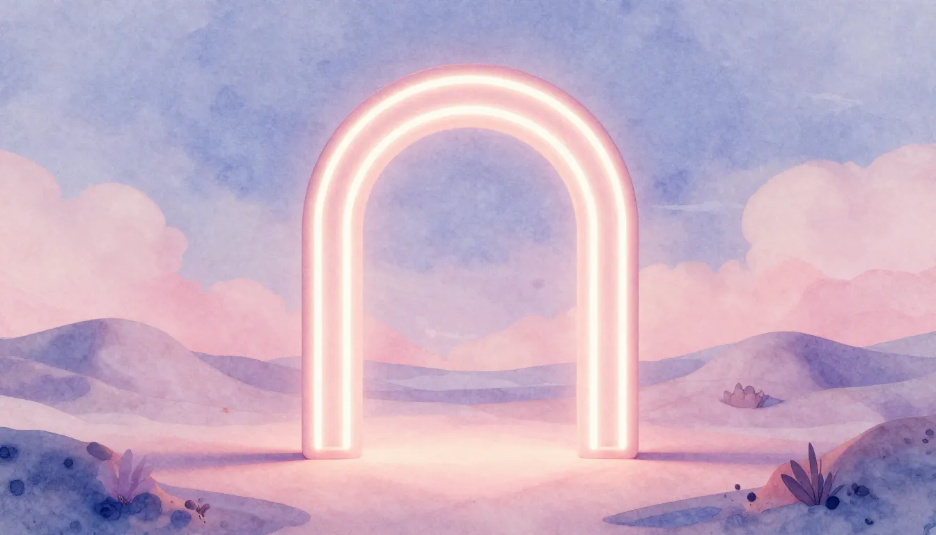 Watercolor style. A minimalist 3D archway made of soft glowi...