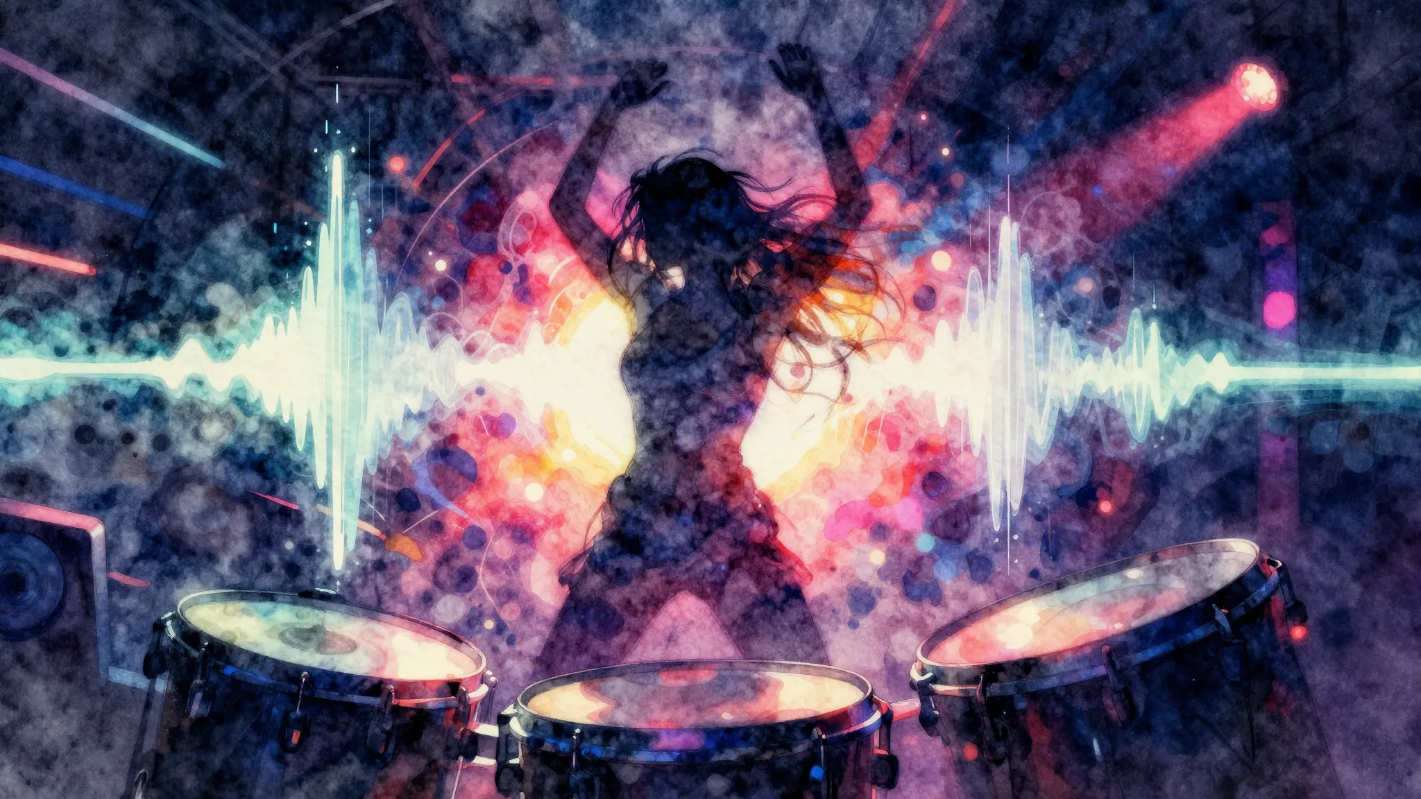 Vibrant watercolor style. Drum and Bass album cover, vibrant...
