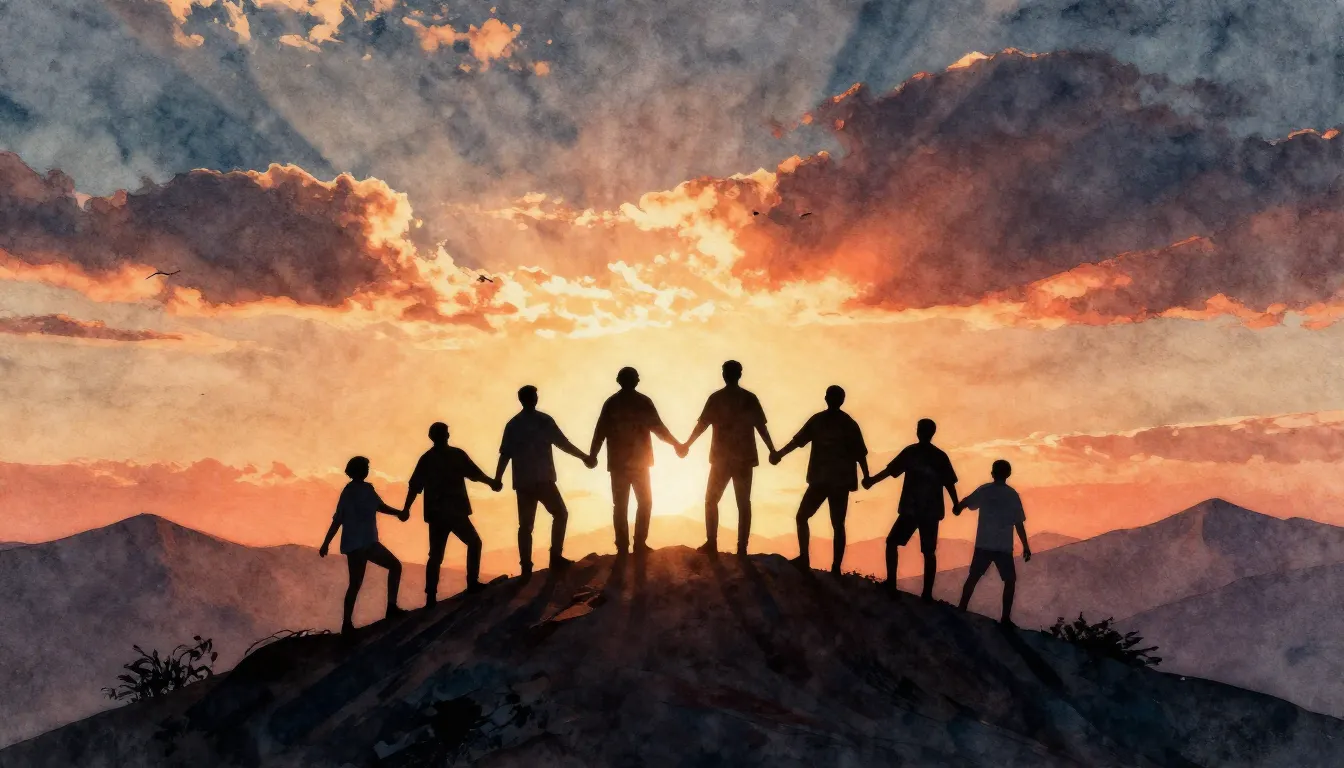 Watercolor style. A silhouette of a group of friends standin...