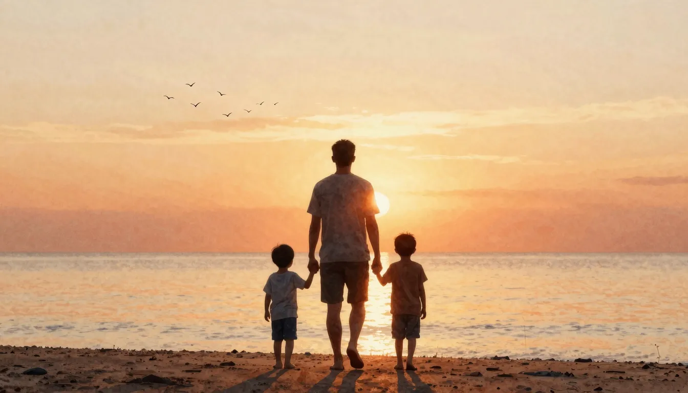 Watercolor style. A silhouette of a father holding the hands...