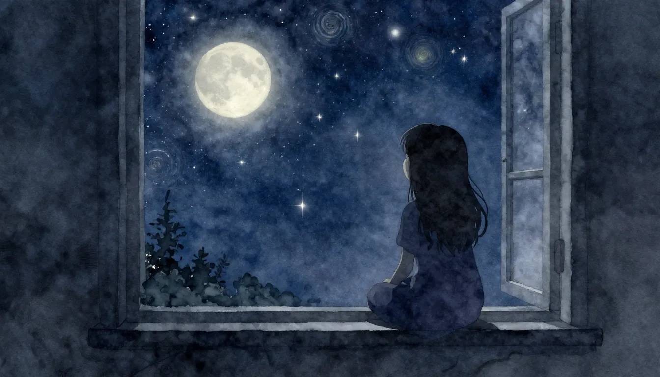 Watercolor style. A silhouette of a girl sitting by a window...