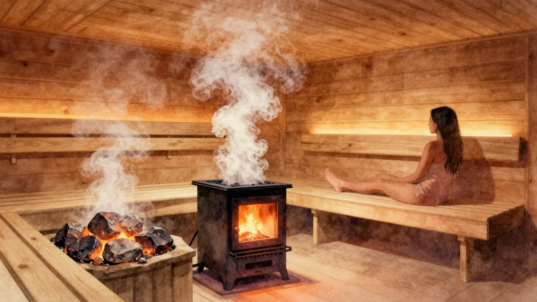 Watercolor style. A cozy wooden sauna interior with glowing ...