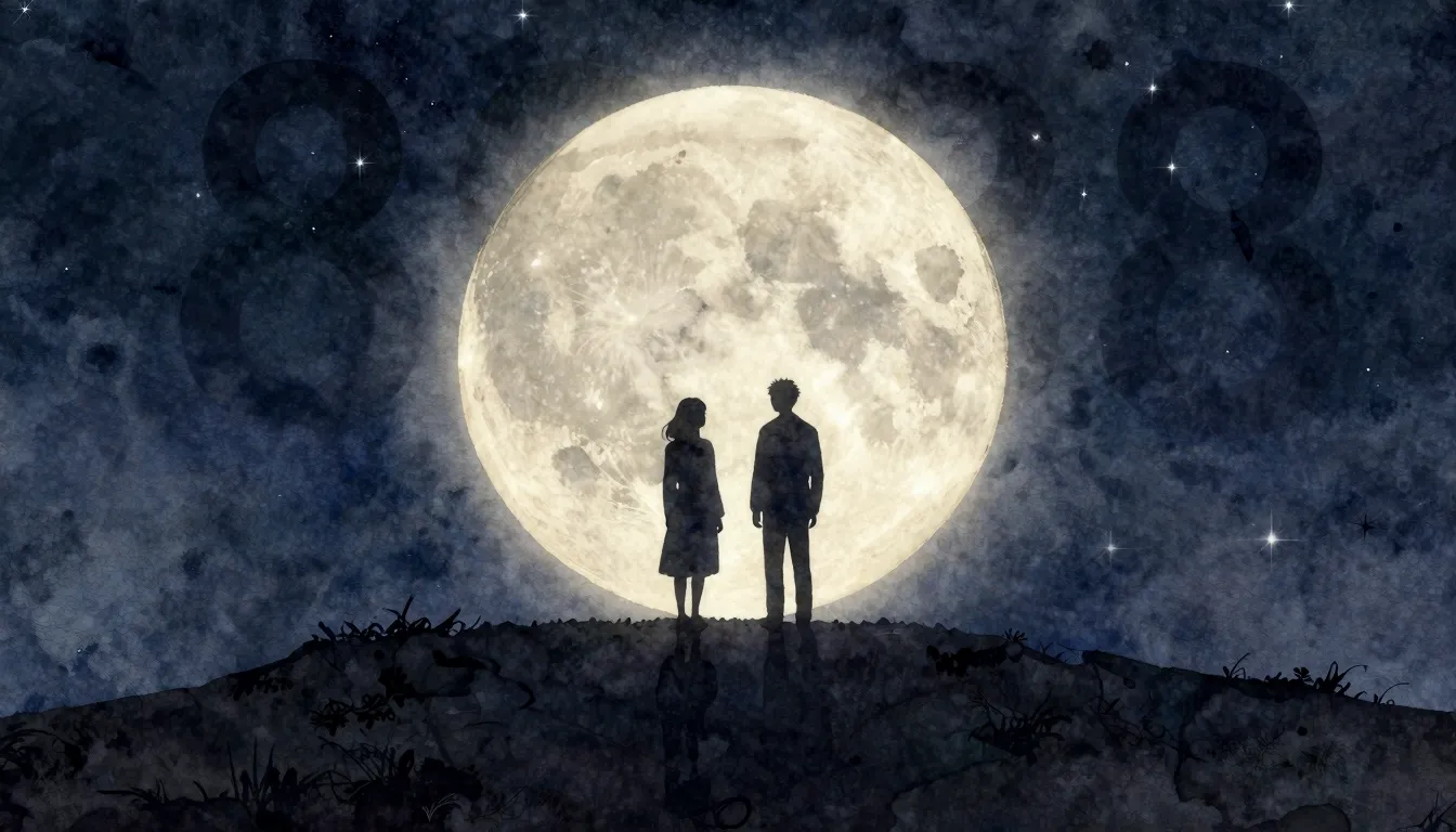 Watercolor style. A dark silhouette of two figures standing ...