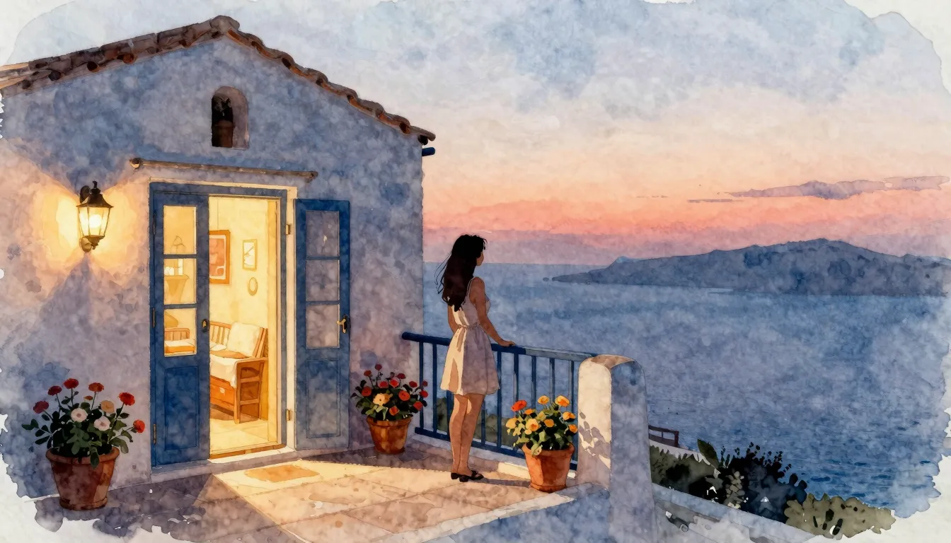 Watercolor style. A serene Mediterranean-style guest house t...