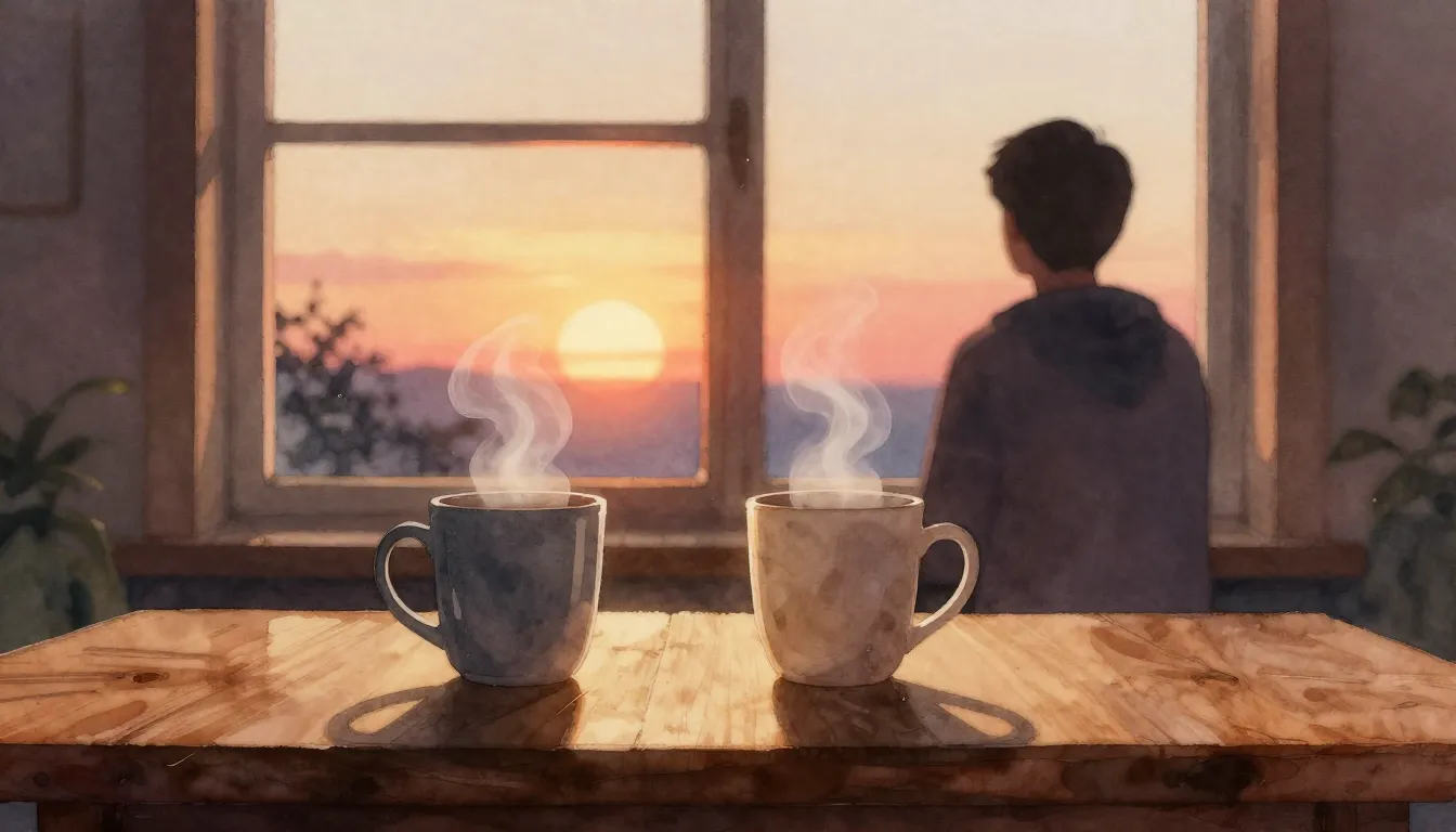 Watercolor style. A warm, cozy scene with two steaming mugs ...