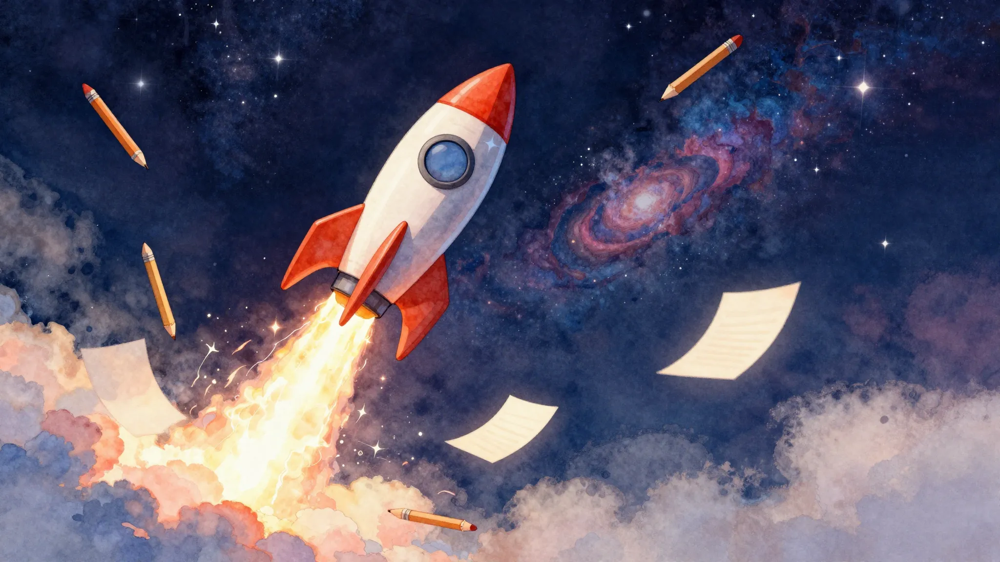 Watercolor style. A stylized rocket launching into a starry ...