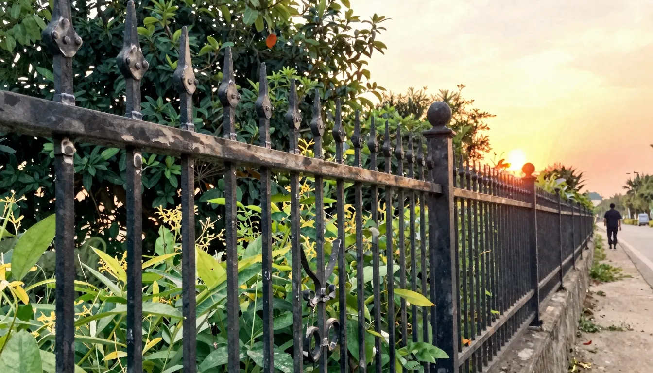Watercolor style. A beautiful metal fence with decorative we...