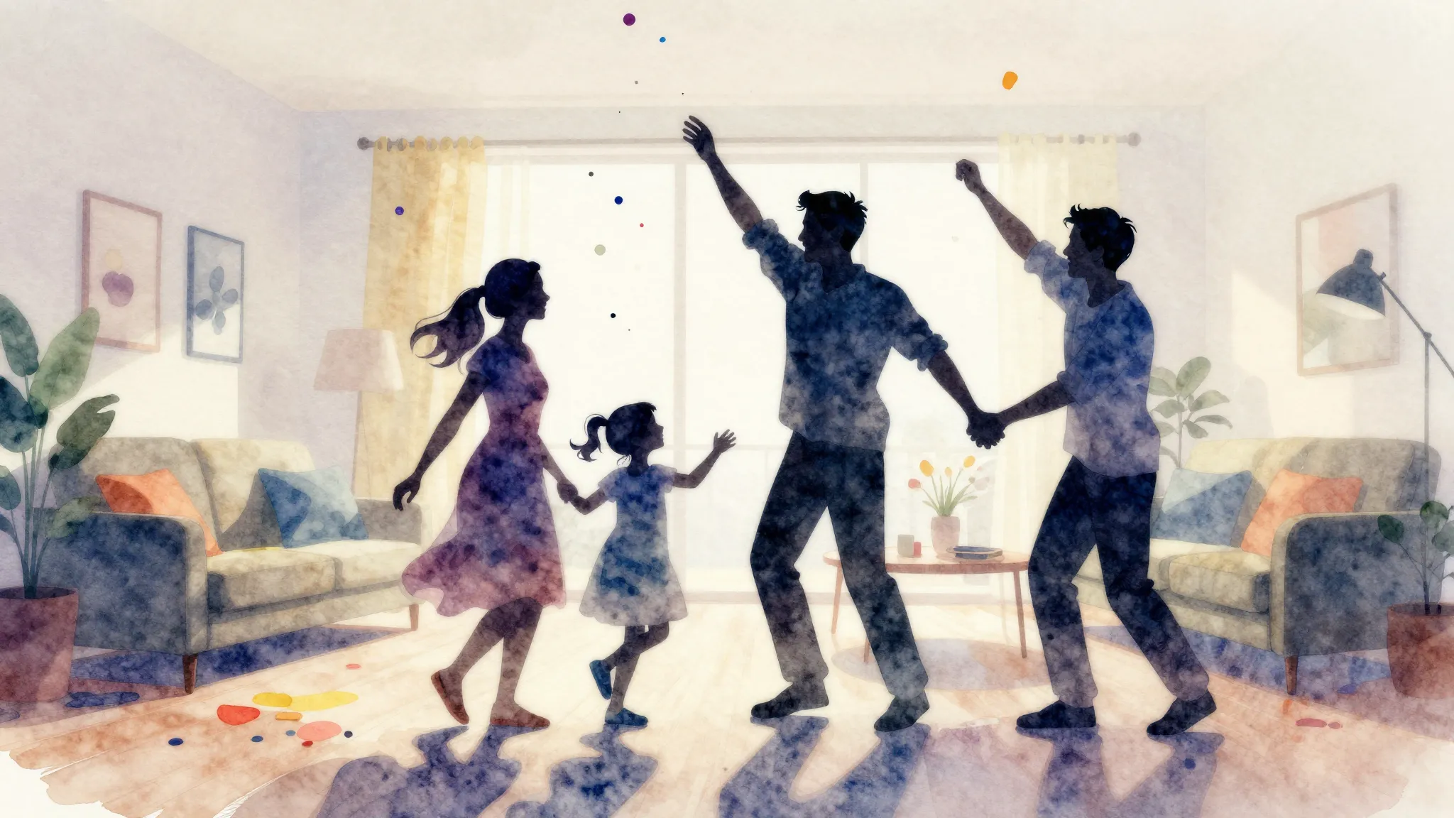 Watercolor style. A silhouette of a happy family dancing tog...