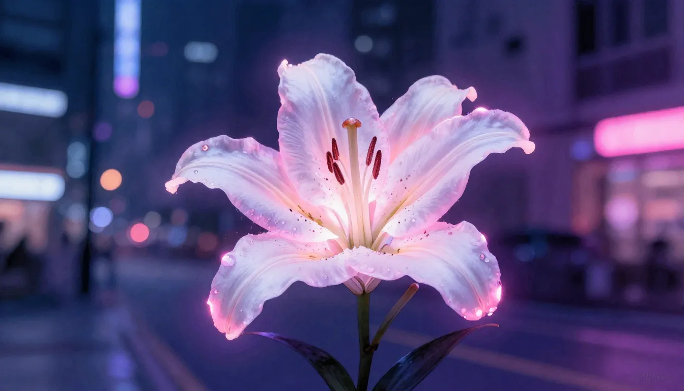 Watercolor style. A single white lily flower glowing in neon...
