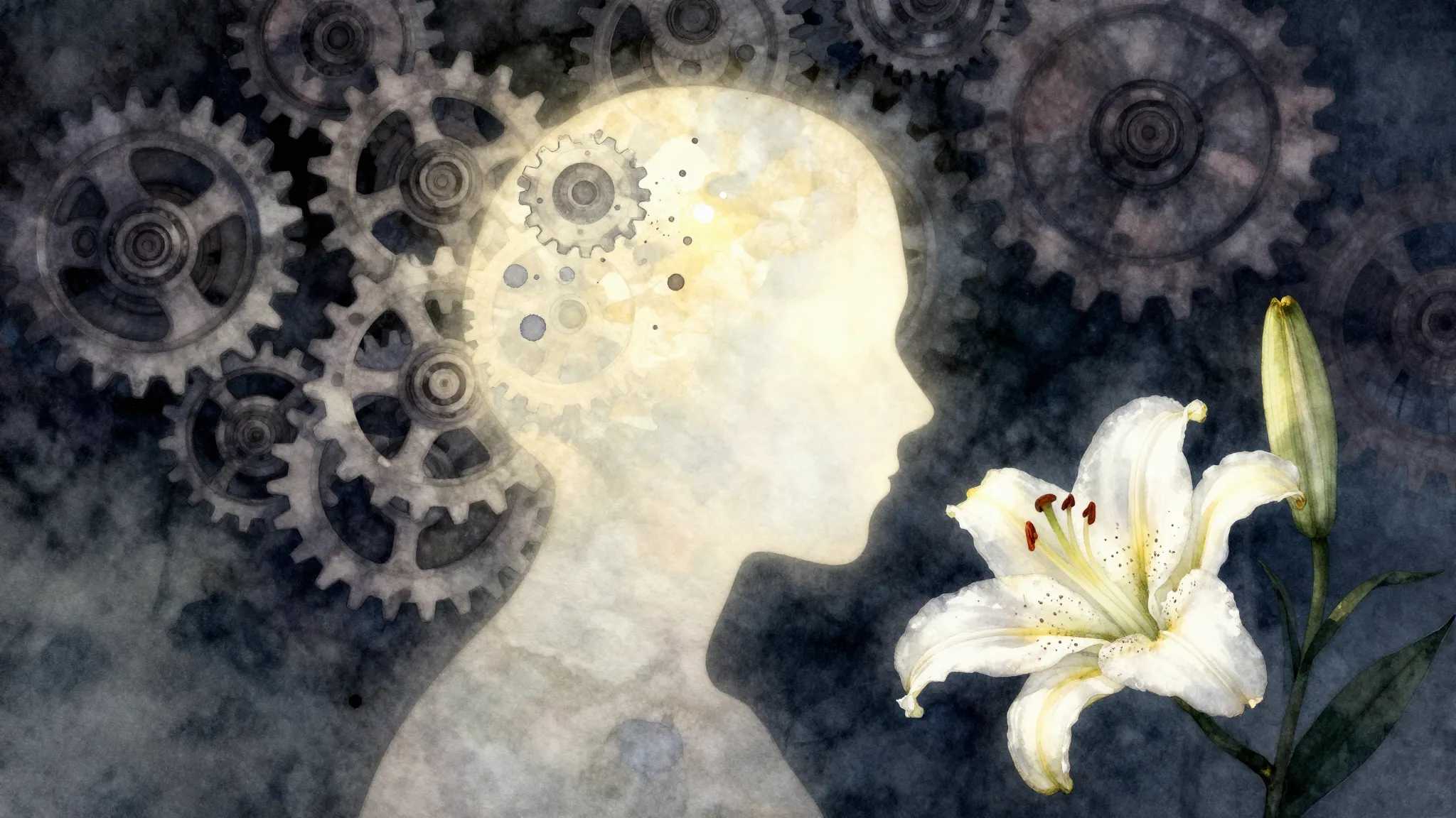 Watercolor style. Silhouette of a glowing soul breaking free...