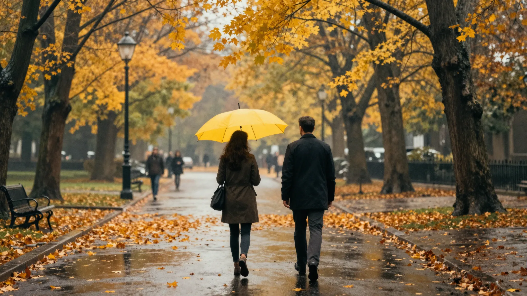 Watercolor style. Cinematic autumn park, golden leaves on we...