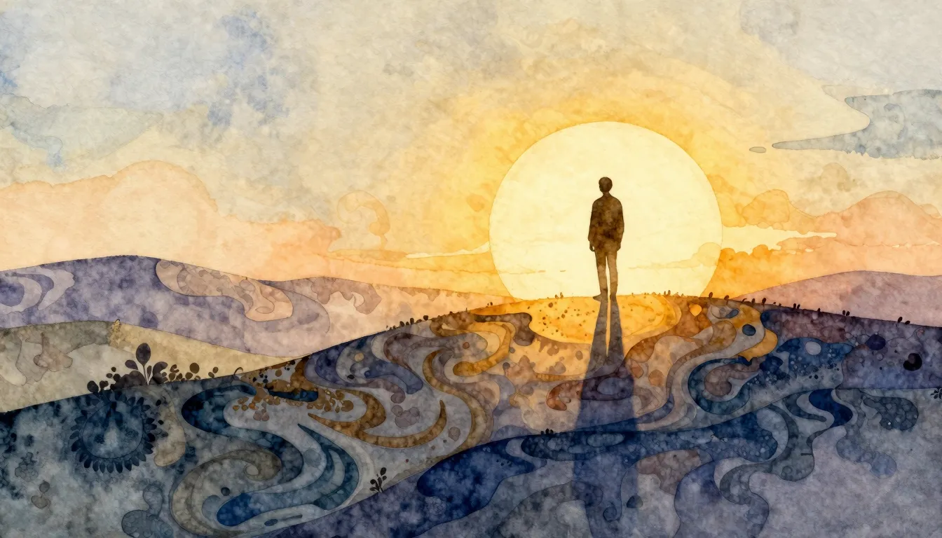 Watercolor style. A lone silhouette stands on a hill, bathed...