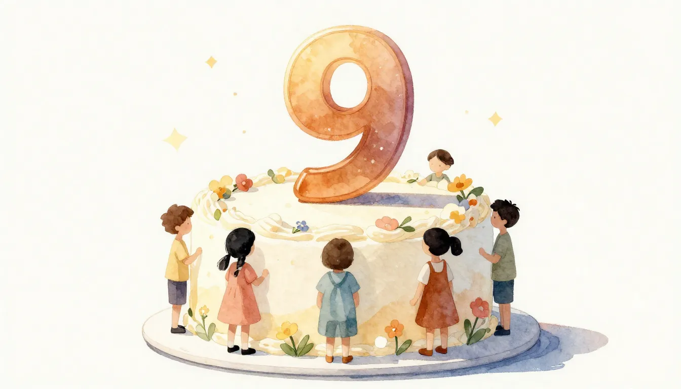 Watercolor style. A large festive cake with the number 9, si...